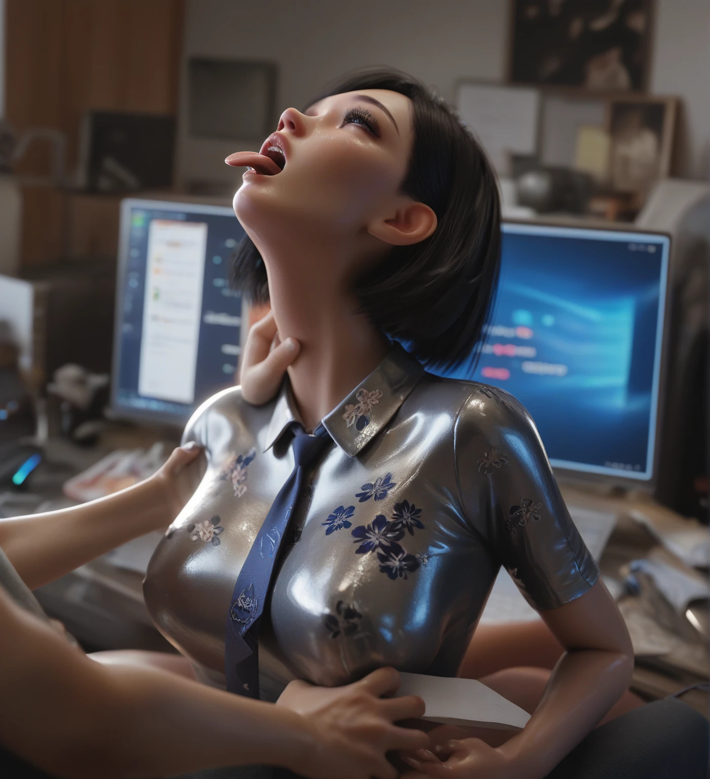 sam, blue eyes, brown hair, black shirt, rolled up sleeves, 3d, room, sam from samsung, mole, realistic hair, paizuri, nipples, wrist watch, wink, kiss, foreskin