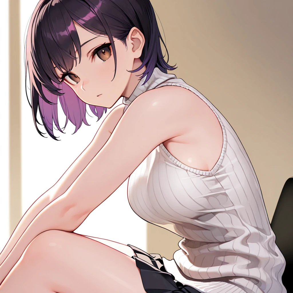Young girl with short purple shoulder-length hair