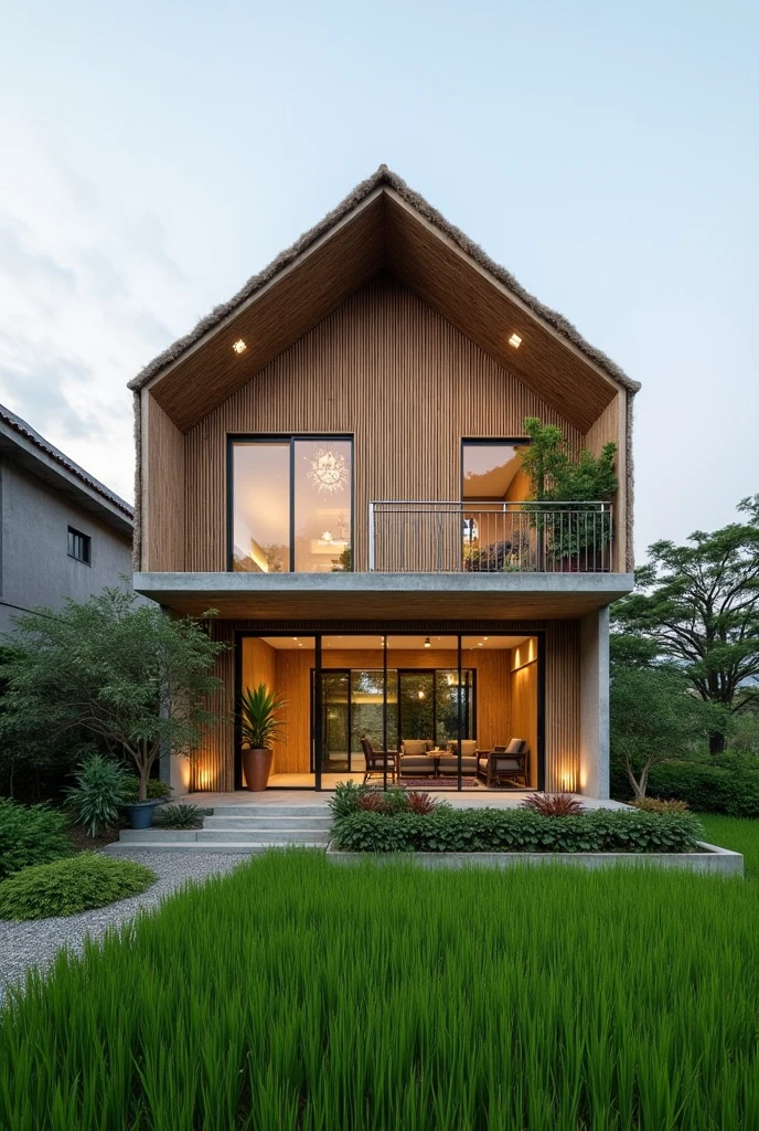 Concrete and bamboo materials, 2-storey modern house in middle of rice ...