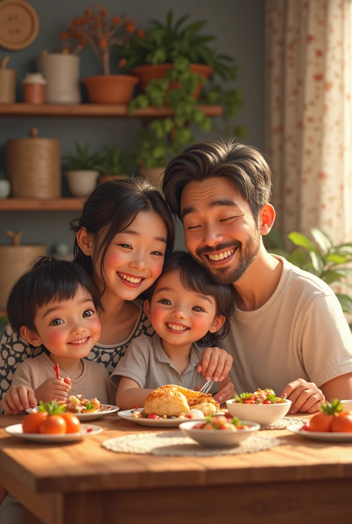 A Vietnamese family, happy and warm at the dinner table,