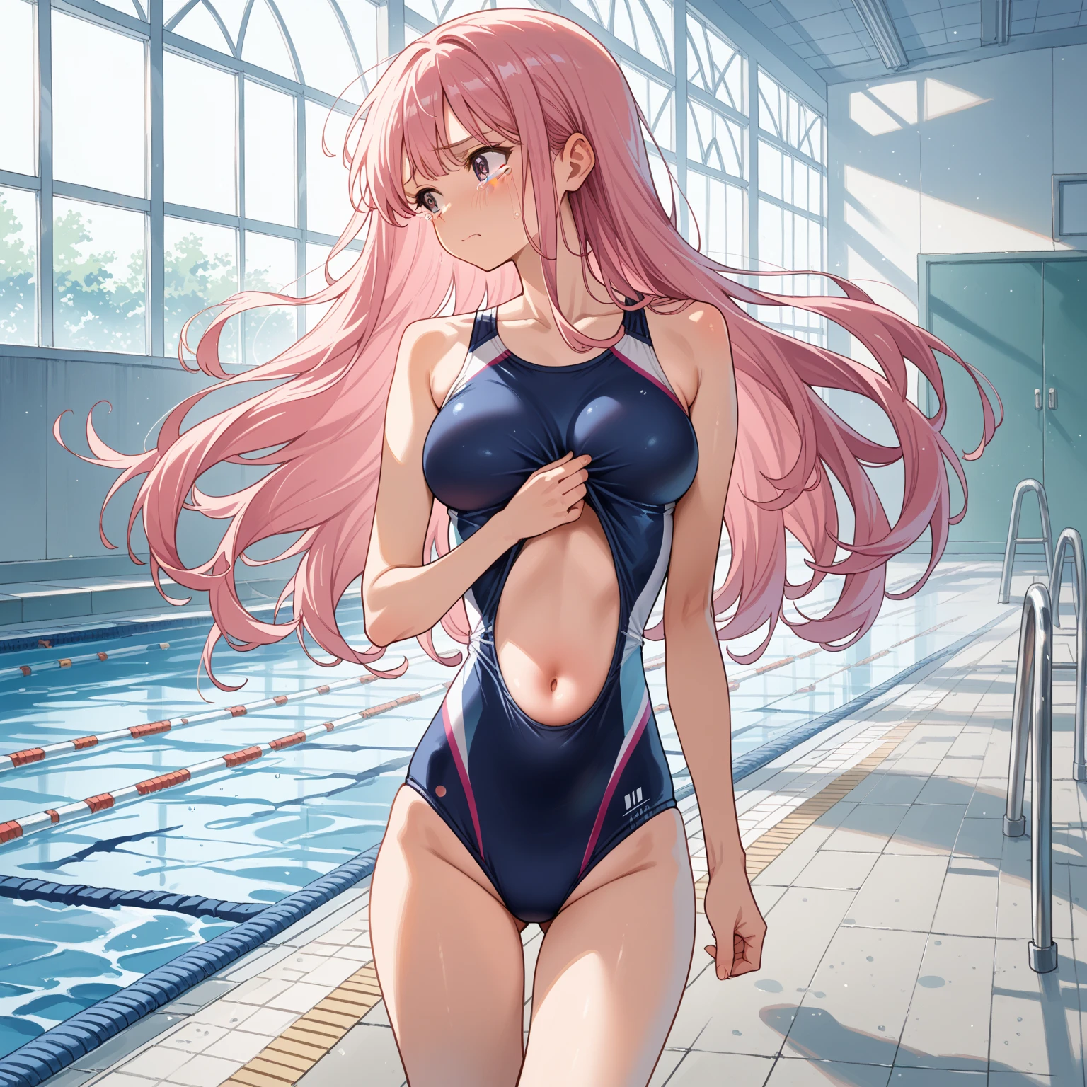 (best quality), (high quality), (masterpiece), (high resolution), woman, mature, Adult, girl, alone, Horn, red Horn, Long Hair,, , Cruciform pupil, Yellow Eyes, Pink Hair, demon Horn, medium breastst, competition swimsuit, standing, arms behind back, looking at viewer, light smile, poolside
