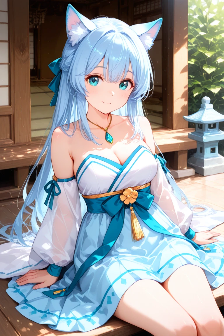 1 cute girl , blue Ao Dai, character focus, close to viewer, full body, cinematic angle, (from above:0.8), smile, background coconut palm ,((masterpiece)), ((best quality)), ((ultra-detailed)), (illustration), ((an extremely delicate and beautiful))