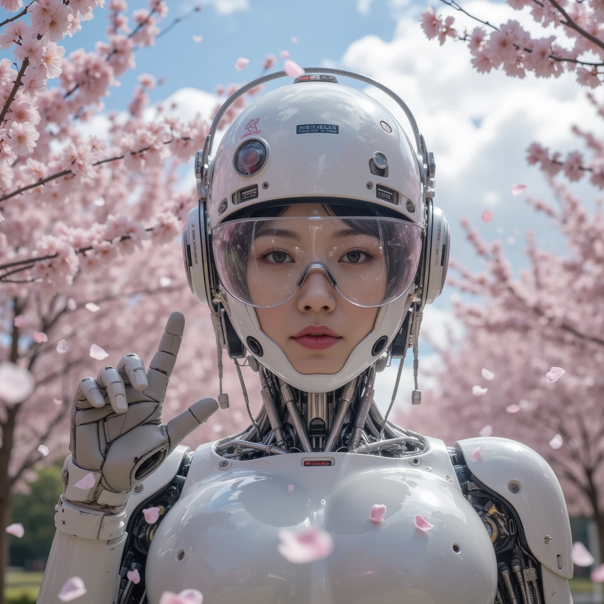 Masterpiece sci-fi photo, photorealistic portrait of a futuristic robotic asian female head or helmet. It is predominantly white and metallic, with intricate mechanical details. A large, reflective visor covers the eyes, displaying various digital interfaces and a big red "AI-CONTROL ACTIVE". Looking into camera. The helmet is adorned with multiple sensors, buttons, and cables, (((no hair))), (((bokeh))), standing in an alley of blossoming cherry trees in a japanese landscape. Enormous huge round breasts. She is wearing robotic gloves and reaches forward towards the camera with one finger, trying to touch it in a curious way. ((((((Cherry blossom petals fly shimmering through the air. The air is full of cherry blossom petals like in a snowstorm)))))), in morning light shining from side. The sky is blue with impressive clouds. (((highly detailed))), UHD, 16K