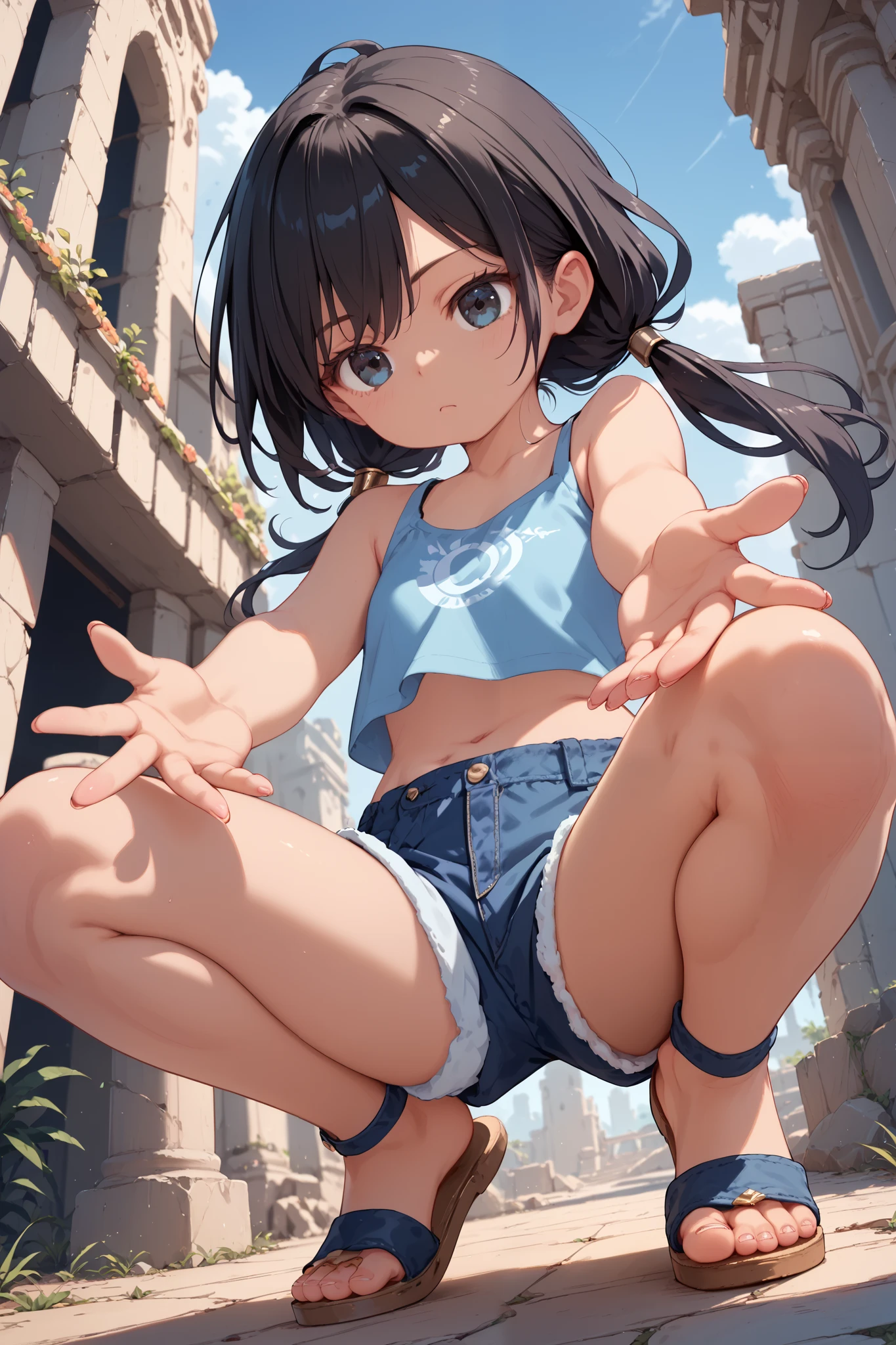ruins,midnight,black hair,girl,tan,middle hair,low twintails,black eyes,crop top,shorts,sandals,squatting,from below,outstretched hand,furrowed brow,bored