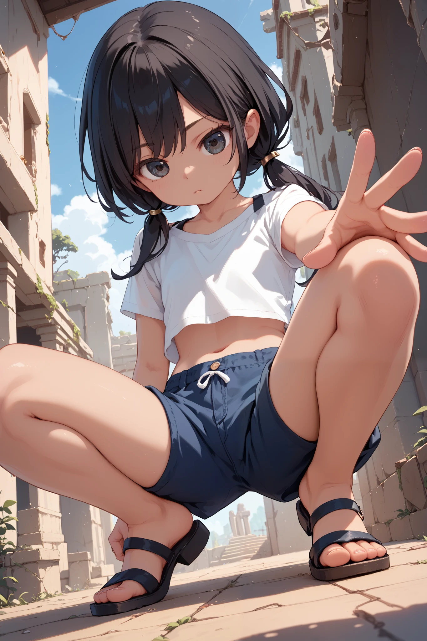 ruins,midnight,black hair,girl,tan,middle hair,low twintails,black eyes,crop top,shorts,sandals,squatting,from below,outstretched hand,furrowed brow,bored