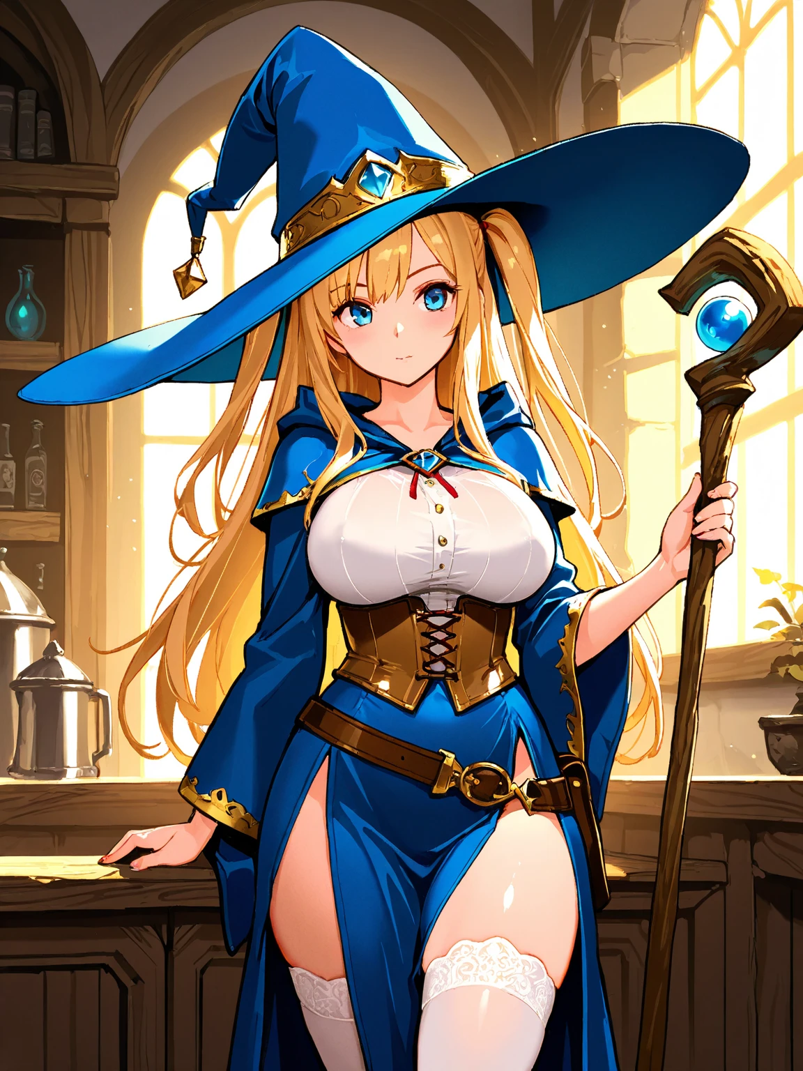 Female, Hime Cut Blonde hair, Blue eyes, dark brown skin, large breasts, wearing a witches hat and robe, wielding a staff. A forest in the background with the moon up high