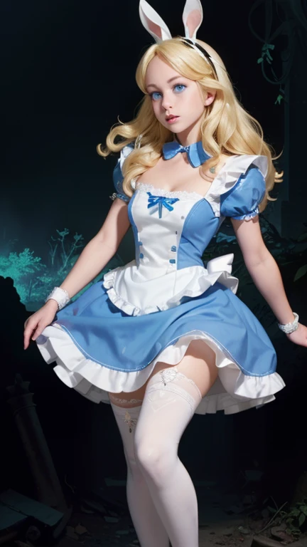 a beautiful 20 year old blonde woman with big messy hair in a blue dress, white stockings, black headband, cleavage, holding a glowing mushroom, fantasy art style, rossdraws cartoon vibrant, alice in wonderland cyberpunk, cute detailed digital art, colorfull digital fantasy art, digital fantasy art ), glossy digital painting, rossdraws pastel vibrant, rossdraws 2. 5, rossdraws 1. 0
