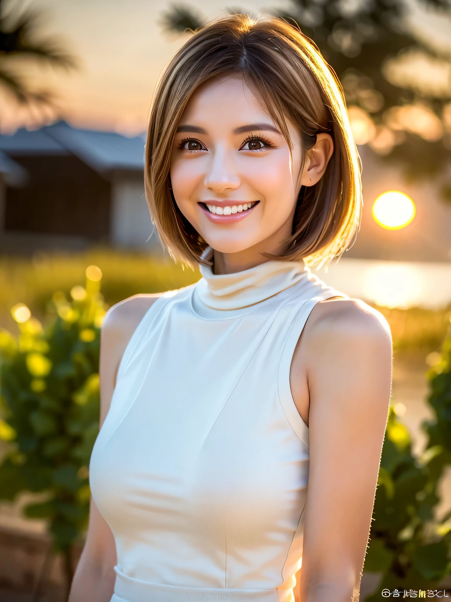 (8k, RAW Photos, highest quality, masterpiece, Realistic, Realistic), (1 female), (Ultimate beauty), Highly detailed face, (Perfect Teeth), Beautiful Eyes, double eyelid, eyelash, smile, Lip details, Brunette Bob, The light shines on your face, Big Breasts, ((T-Shirts)), (Tight mini skirt), (background: garden), ((Written boundary depth))