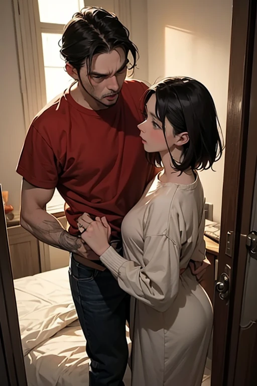 dim bedroom,A man pushes open the door,Right in front of him is his fiancee wallowing in bed with a strange man,Woman's clothes are messy,Man angry,Double fists clench ,His eyes are full of shock and anger,Interior lights are dim,atmosphere depresses