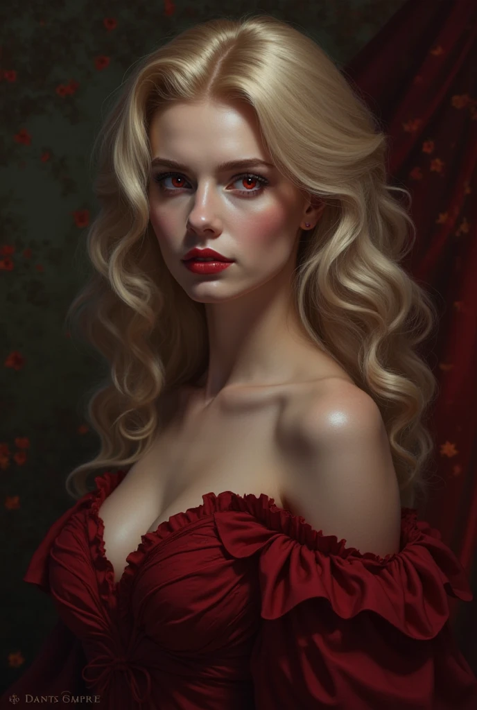 pencil drawing, self-portrait, cute beautiful pretty vampire woman, silky blonde hair, gold eyes, (attractive and seductive) and (amorous and lewd) expression, wearing red lace gothic dress, shading, shadows, contrast, conceptual installation art, 2.5D, delicate and dynamic effects, iridescent effects, artistic, hyper, graphic CG digital art, (illustration)-style