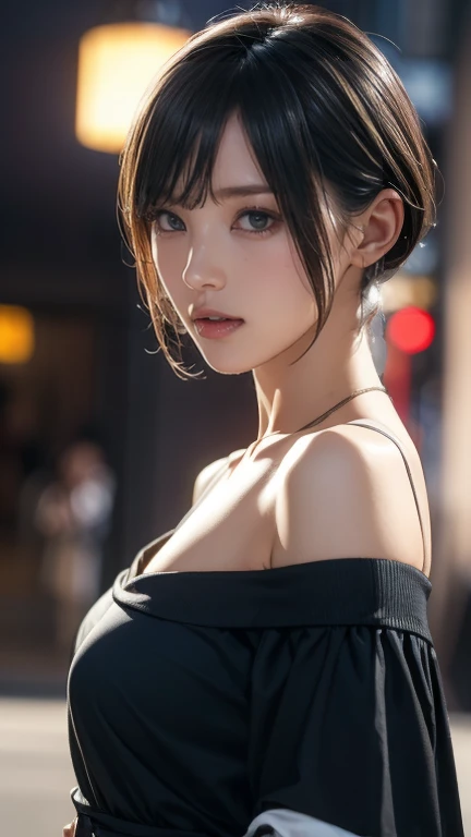 (UHD, Retina, masterpiece, precise, Anatomically correct, Textured Skin, Super Detail, High Detail, high quality, best quality, high resolution, 1080P, HD, 4K, 8K, 16K), (Beautiful and delicate eyes, Beautiful and delicate lips, Extremely detailed eyes and face), Studio Lighting, Physically Based Rendering, Bright colors, (Large Breasts, Attractive figure, big nipples), (backless see-through dress), (portrait, Bob Cut, Shiny hair, Glowing skin, blush), (Bokeh), Eye Reflection,