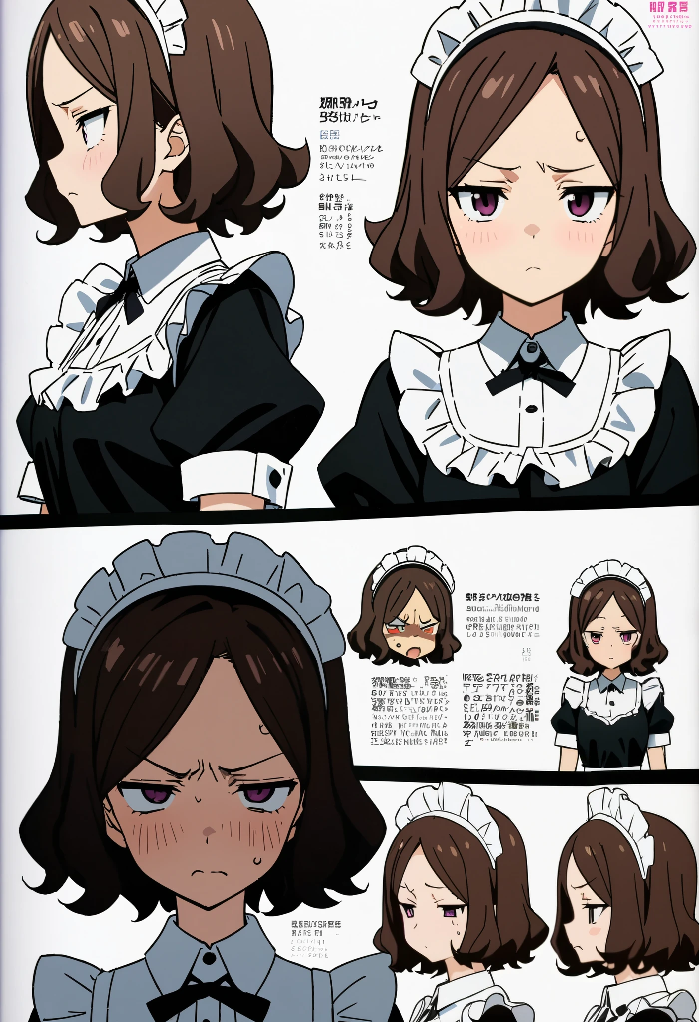 girl, ebizuka tomo, profile,Anime Coloring Book,maid clothes, zitoida,disgust,Contempt,Disappointed,Masterpieces , best quality , Character Design Sheet,Front , Three Views ,is tall,Facing Front