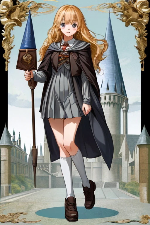 Illustration of a young, female teacher in an anime style. She has long, wavy blonde hair with pink highlights, wearing a light blue, ruffled blouse and a black corset over skinny tight jeans the color of a dark green. She is wearing black riding boots. Her expression is serious and slightly surprised. She has blue eyes and extends her hand forward holding a blue book with golden characters on the cover. The background shows a landscape transitioning from autumn to winter, with trees bearing both colorful autumn leaves and frosty branches, under a chilly, overcast sky.
