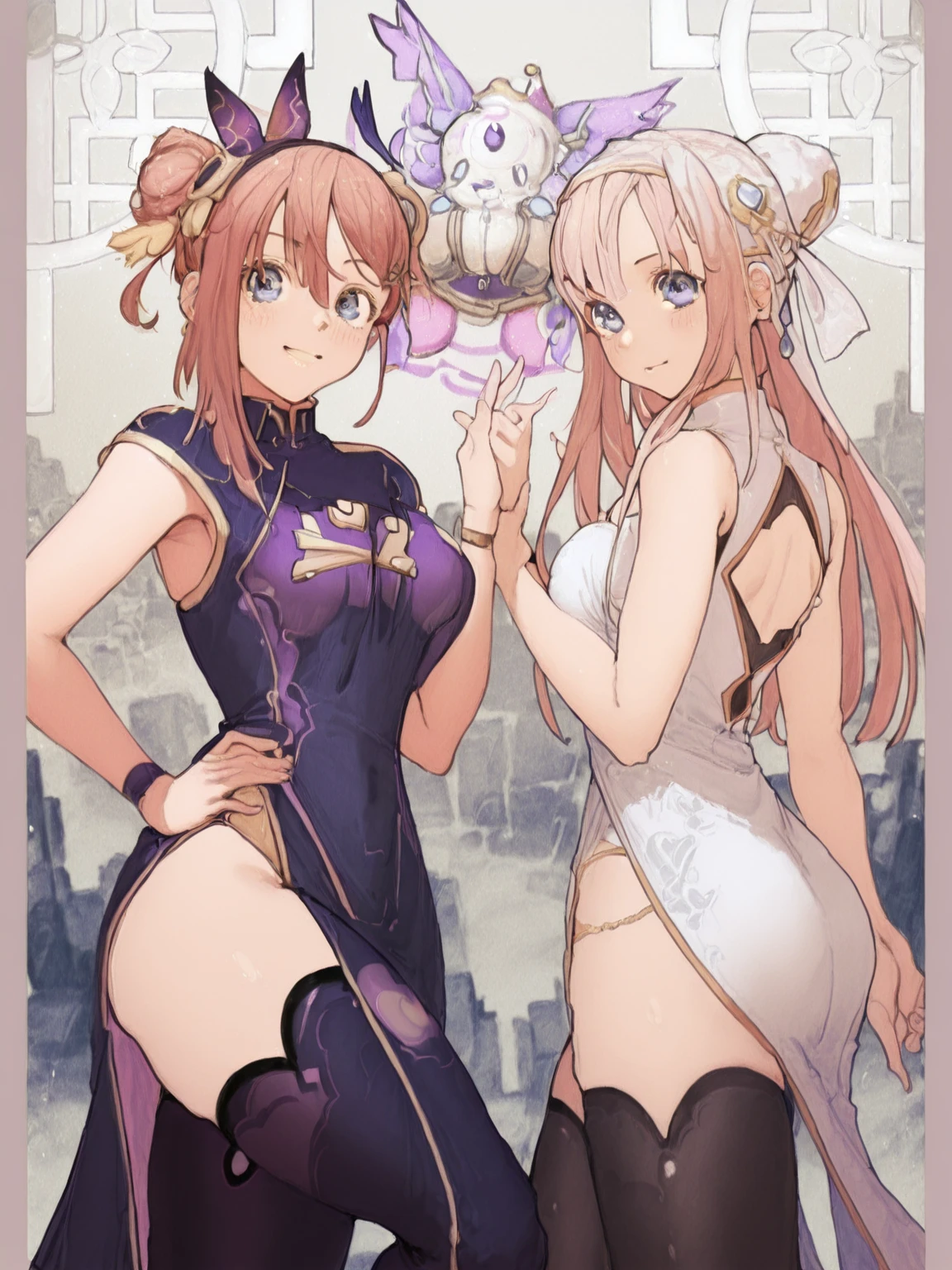 masterpiece, best quality,multiple girls, breasts, 2girls, yae miko, raiden shogun, purple eyes, pink hair, japanese clothes, purple hair, large breasts, long hair, cleavage, hair ornament, thighs, purple kimono, thighhighs, bangs, animal ears, detached sleeves, fox ears, wide sleeves, kimono, moon, weapon, braid,(kbxll:0.8)