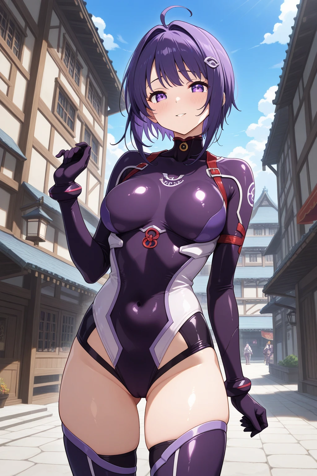 (masterpiece, absurdities, raw, detailed face, extreme detail,) 1 girl, Alone, raiding, purple hair, braided ponytail, absurdly long fur, purple eyes, leotard purple, bare legs, garter belt, black thighs, big breasts, flower, flower fields, petals, falling petals, plano general, fancy, surreal, Tones from another world, surreal landscapes, smile, open mouth, improvised gag, tape gag, gagged, Scotch tape, arms behind the back, tied arms, tape bondage,