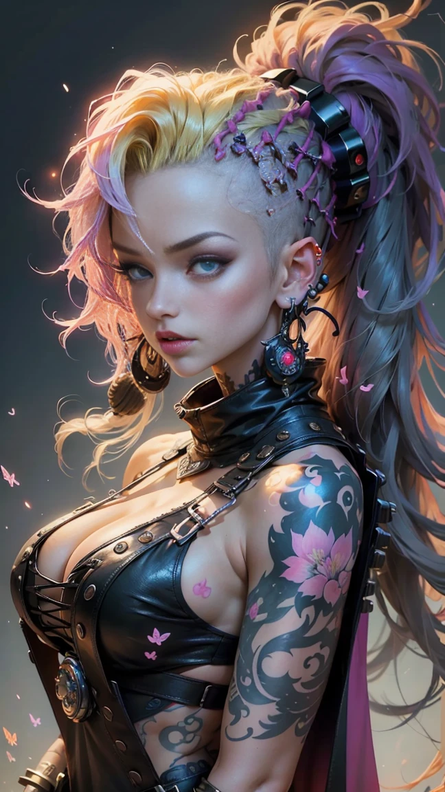 (masterpiece, top quality, best quality, official art, beautiful, cosmic, atmospheric, psychedelic, dreamlike and aesthetic, swirling psychedelic cosmic graffiti patterns:1.2), (1girl), extreme detailed,(fractal art:1.3),colorful,highest detailed, "(Best Quality, 8K, 32K, masutepiece:1.3), Ultra-detailed, (Photorealistic:1.4), pink and white colors, perfect color scheme, albino, Punk rock Girl, Detailed moonlight eyes, full body portrait, Luxurious neon pink punk hair, Edgy Harajuku-inspired punk rock fashion, super huge enormously gigantic tits, cleavage showing, Avant-garde makeup, Numerous piercings, Heavily tattooed body, swirling psychedelic cosmic dreamlike graffiti pattern background