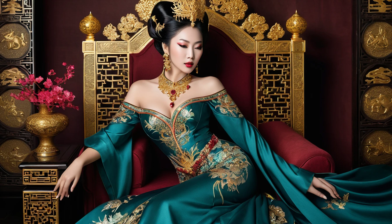 A gorgeous empress from the Chinese imperial court during the Qing Dynasty. A large yellow dragon embroidered sofa with the empress naked and with her legs spread apart. A gorgeous empress from the Chinese imperial court with her hair tied on both sides. She is wearing a crown.、The background where she is tying her hair is、Cobblestones outside the Qing Dynasty Palace