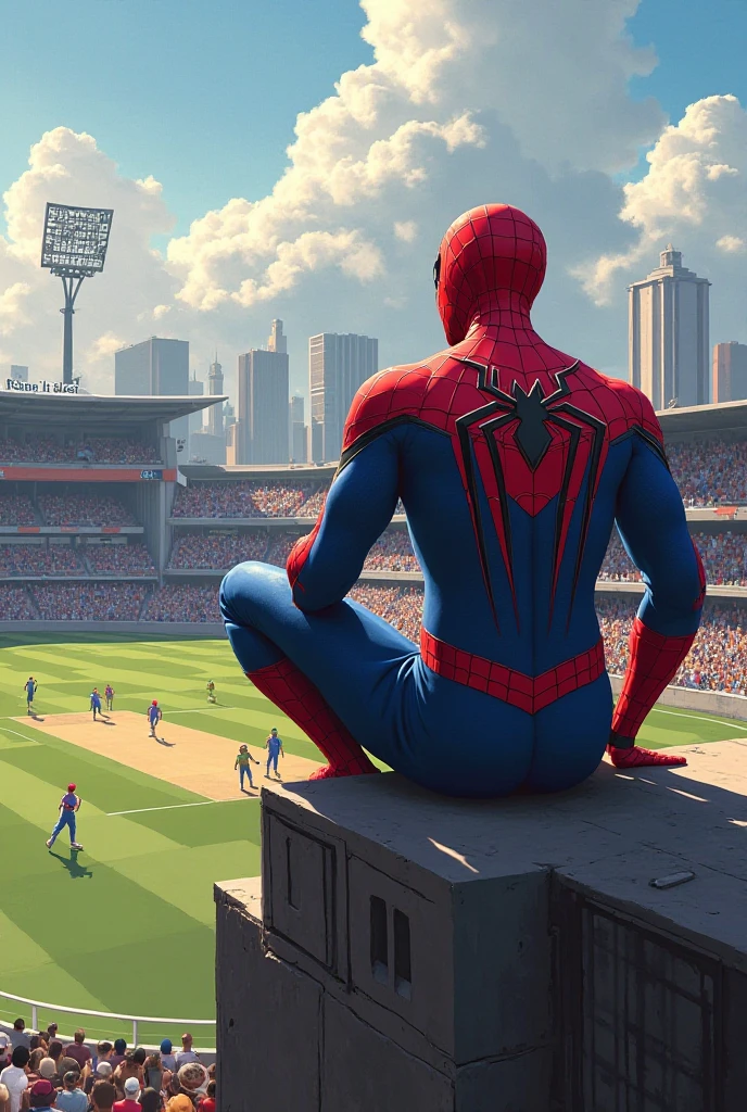 2d illustration of a Young man with shaved blond hair with black eyebrows and white complexion. With athletic body dressed in the Spiderman suit on top of a baseball stadium