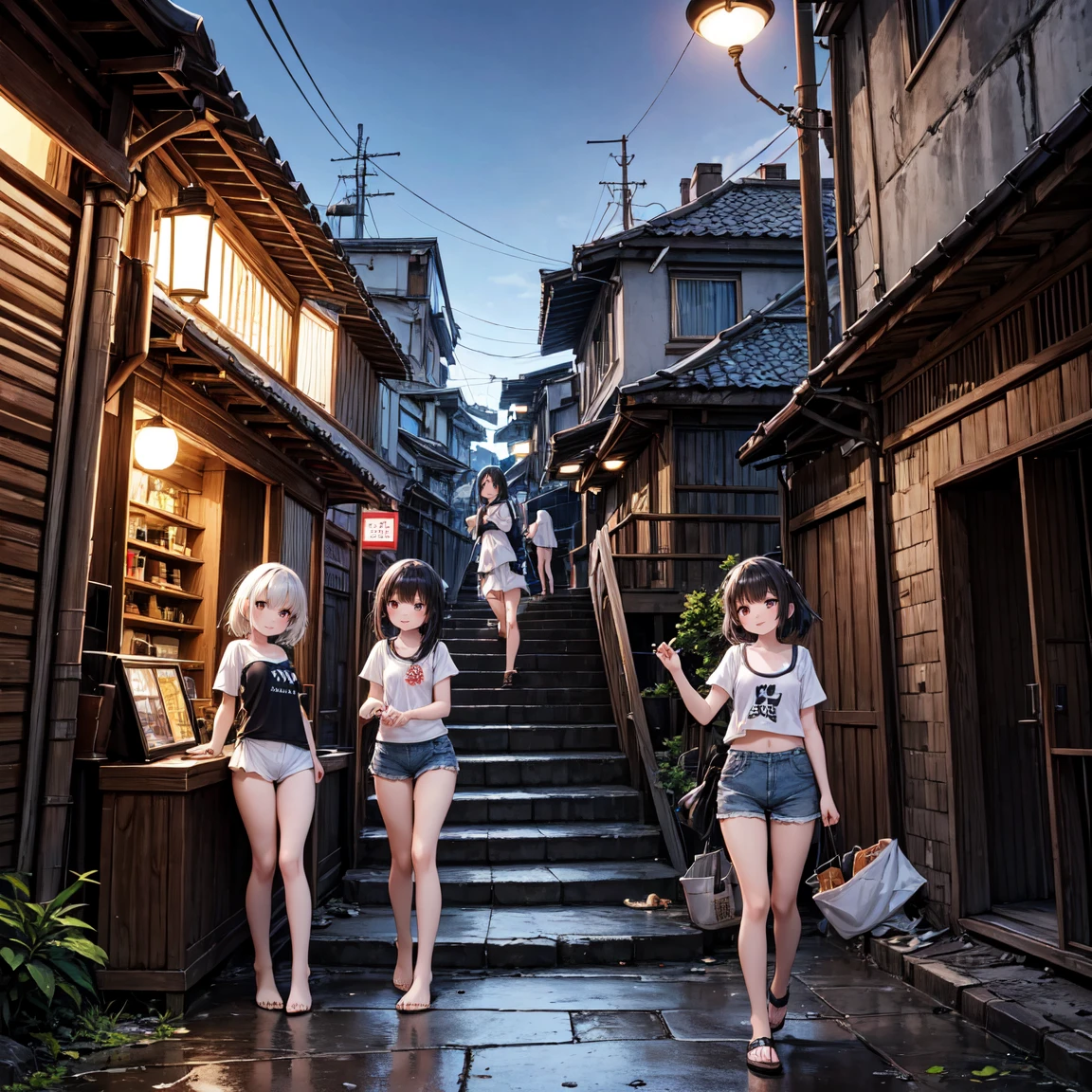 ((masterpiece、Highest quality))、Beautiful girls gather.、Girl in summer clothes、Three or more cute girls、(Detailed and cute face:1.3、tits、Pussy)、(Poor conditions、Dim and unsanitary、Crumbling underground shopping mall、Showa Retro)、屋台のdiet店、stage、sewage、Dirty shop、street vendors、Unsanitary and abandoned city、smile、diet、Poor person々