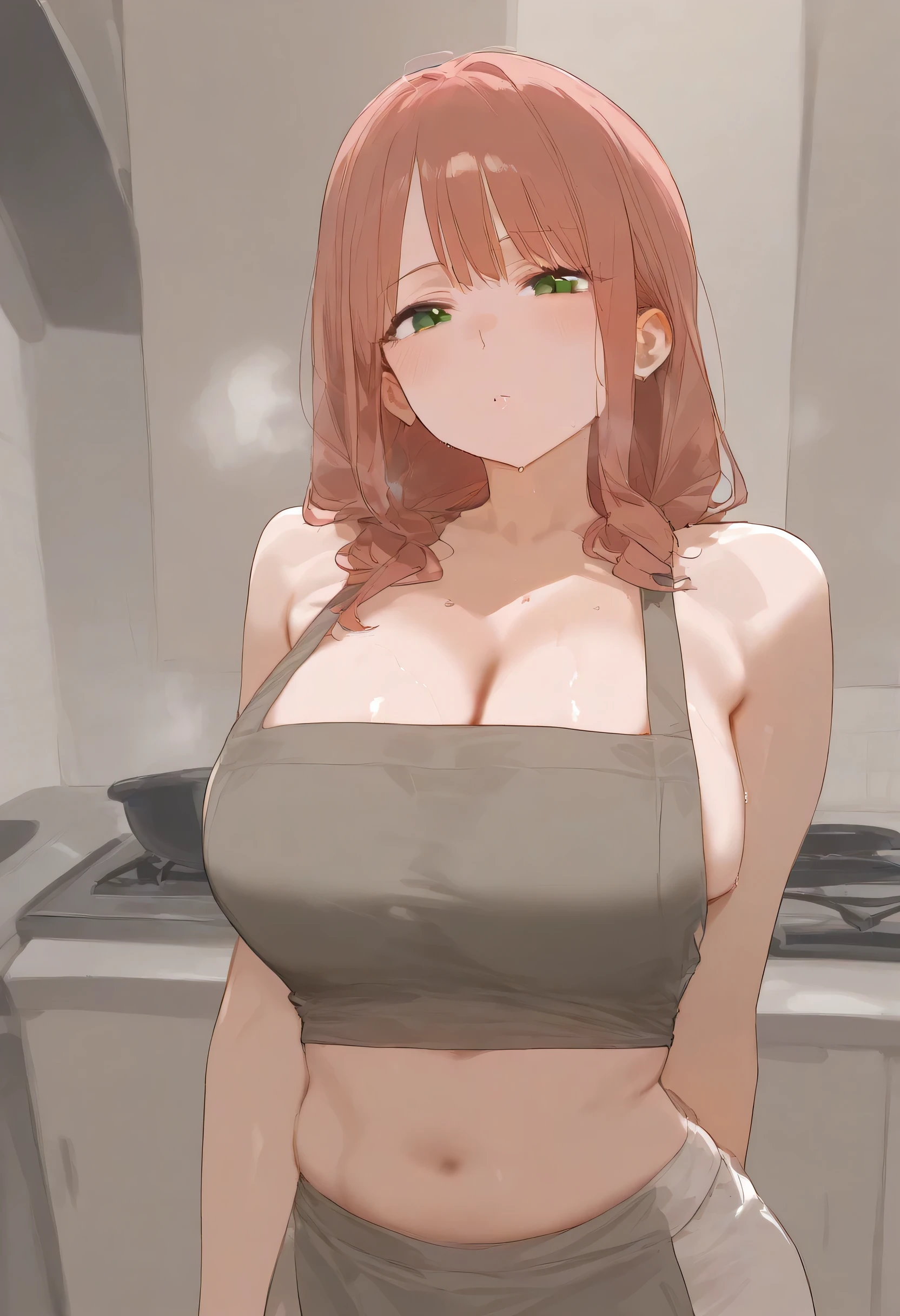 black bra sexys, annoyed, flushed, cum on her body, she is chubby, green t-shirt, black bra, Red hair, short hair, in a kitchen, a thick and big penis between her breasts.