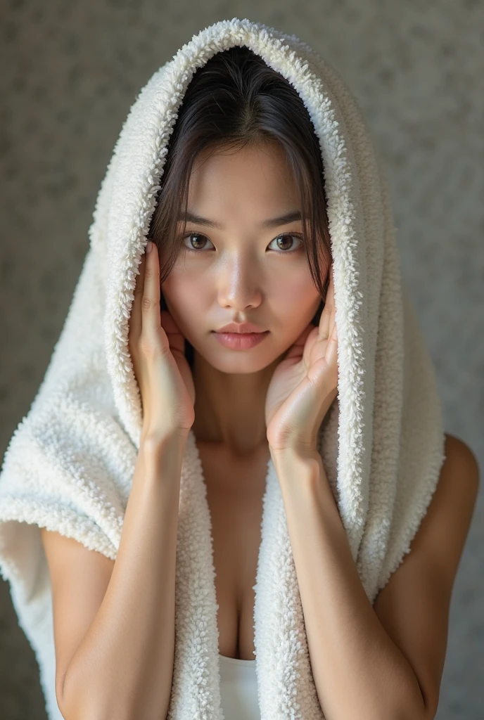 The face of a young, beautiful, completely naked Japanese woman sleeping wrapped in a blue blanket in her bed in her bedroom early in the morning. Focal length 100mmf/2.8, early morning in spring, sunny outside, dark bedroom on the upper floor of a high-rise apartment, blue blanket, well-shaped face, disheveled hair, toned body, complete nudity, close-up of facial expression, sense of realism, highest quality .