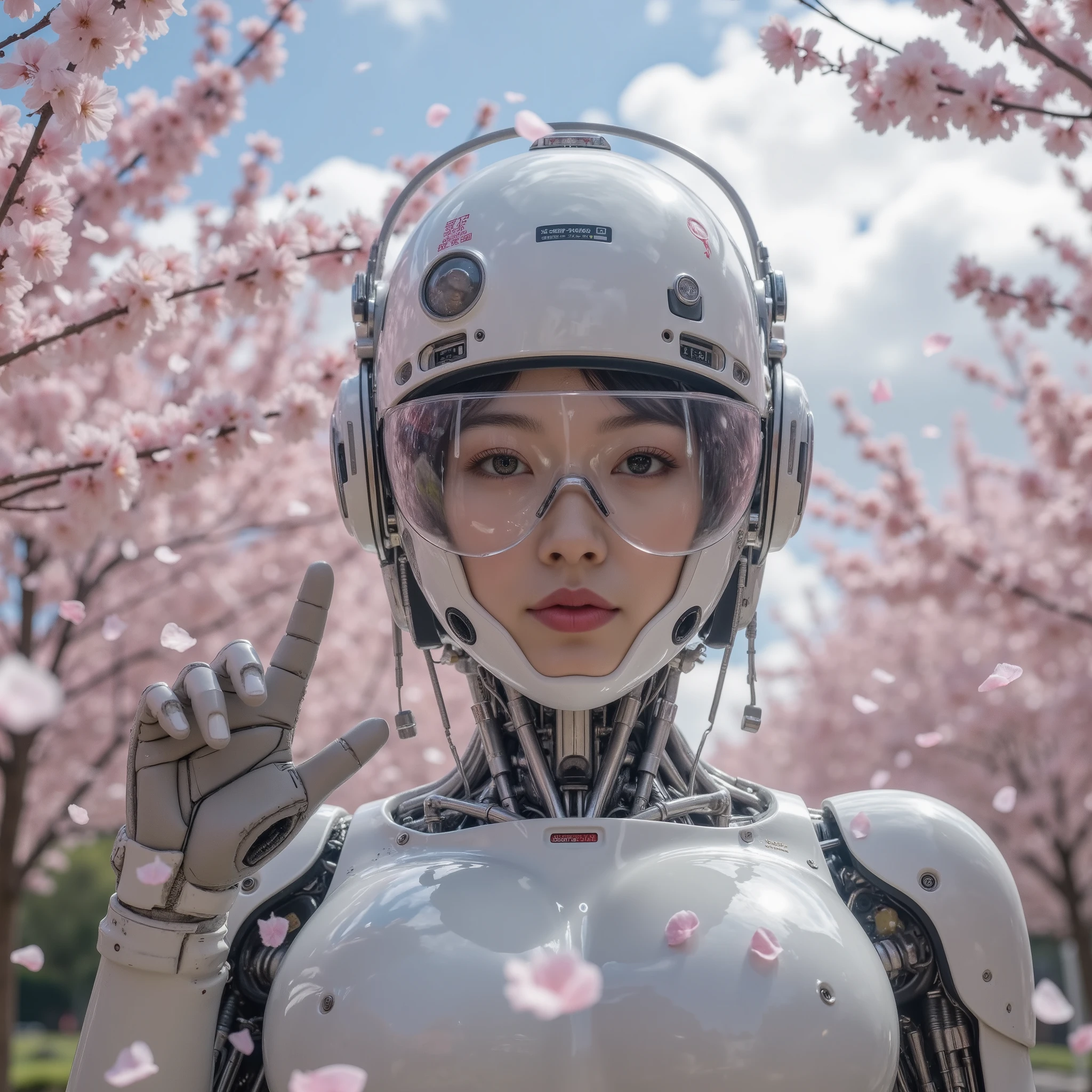 Masterpiece sci-fi photo, photorealistic portrait of a futuristic robotic asian female head or helmet. It is predominantly white and metallic, with intricate mechanical details. A large, reflective visor covers the eyes, displaying various digital interfaces and a big red "AI-CONTROL ACTIVE". Looking into camera. The helmet is adorned with multiple sensors, buttons, and cables, (((no hair))), (((bokeh))), standing in an alley of blossoming cherry trees in a japanese landscape. Enormous huge round breasts. She is wearing robotic gloves and reaches forward towards the camera with one finger, trying to touch it in a curious way. ((((((Cherry blossom petals fly shimmering through the air. The air is full of cherry blossom petals like in a snowstorm)))))), in morning light shining from side. The sky is blue with impressive clouds. (((highly detailed))), UHD, 16K