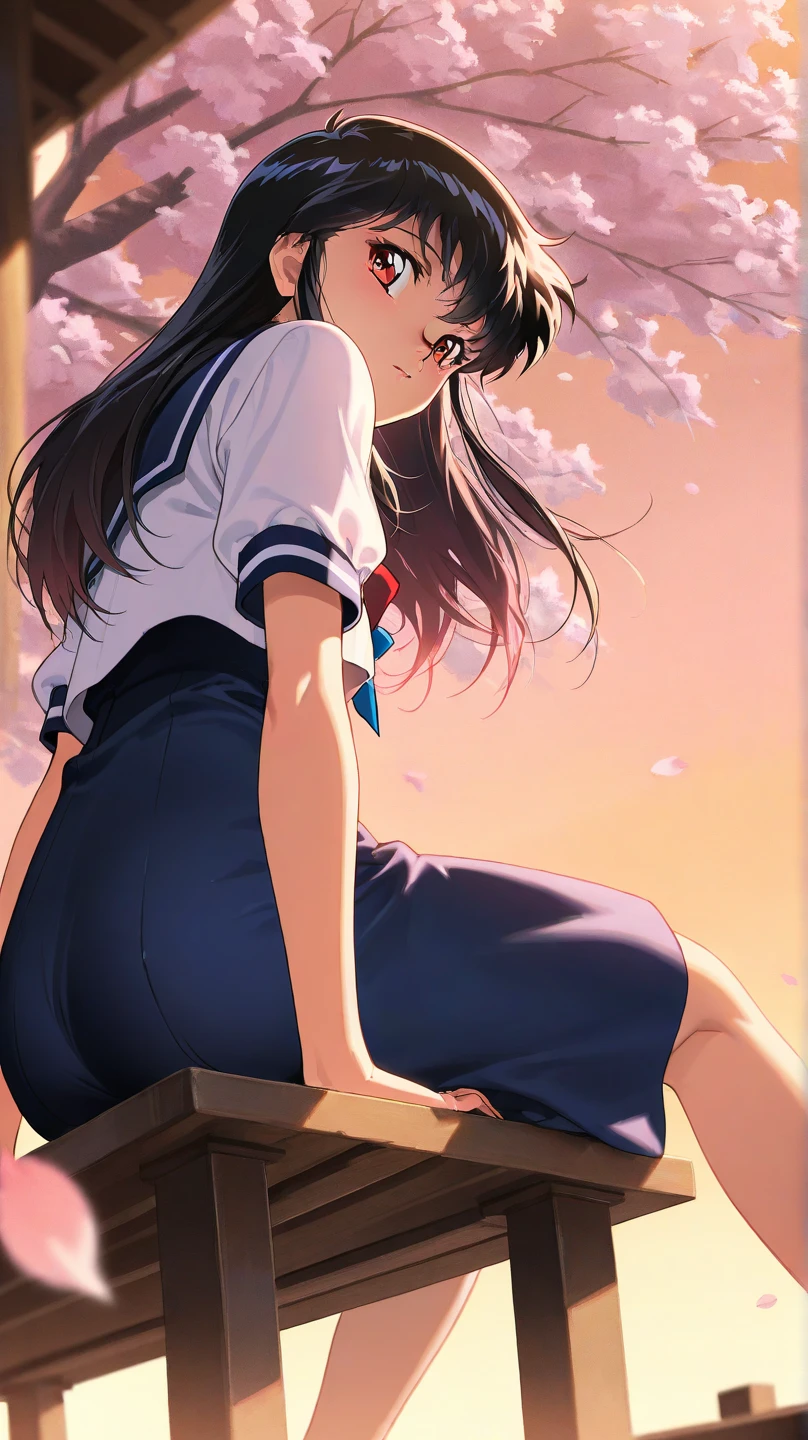 masterpiece, 4k, high quality, highly detailed, detailed face, HDR, vivid colors, colorful lighting, amazing background, highly detailed background, school, sunrise, (morning), girl, 1girl, solo, school girl, small breasts, multi-color hair, long hair, ponytail, skirt, pullover, (happy face), shy, from below