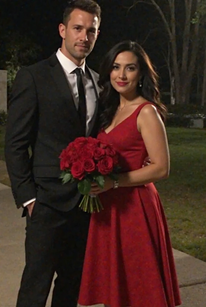 "A stunning bride in an exquisite wedding gown stands on the left, accompanied by a dashing groom in a sophisticated tuxedo on the right. The scene is set outdoors, creating a perfect backdrop for their enchanting wedding." Black tuxedo,