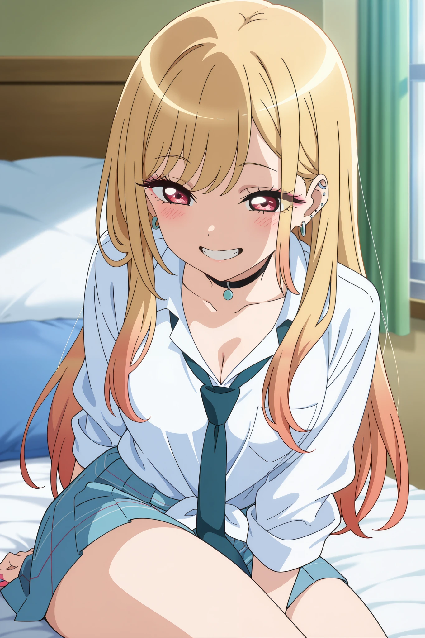 masterpiece, best quality, amazing quality, very aesthetic, absurdres, newest, anime screencap, marin kitagawa,id: Character_woman_time,face_beautiful,Hair_green,Expression _cheerful,pose_sit down,shirt_school,Background_back _space _Class ,artistic:digital_art,style:anime, quality :masterpiece,ultra-detailed,4K