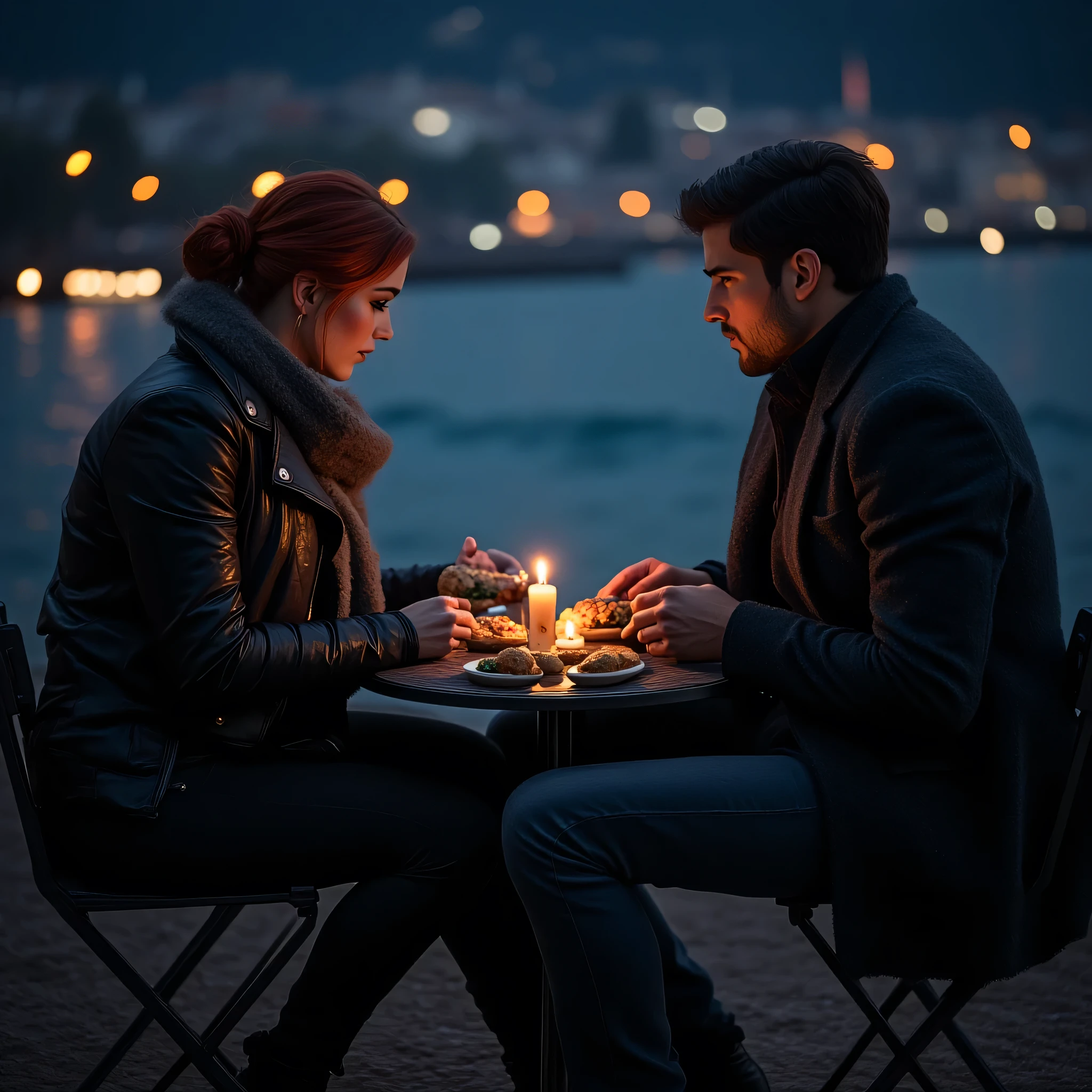 "İstanbul City Eminönü, A nighttime beach scene with a peaceful yet intimate atmosphere. A blue-eyed woman with red hair tied up in a bun sits on a mobile car a small table and chair, wearing a black jacket and black jeans. Beside her, a black-haired man with deep navy-blue eyes, dressed in a dark gray suit, sits on another small chair. They are casually eating köfte ekmek (Turkish meatball sandwich) under the soft glow of distant streetlights. The ocean waves shimmer under the moonlight, and a gentle breeze moves through the cool night air. The background is dark with subtle city lights in the distance, adding a serene and cinematic feel. The scene has a semi-realistic, warm, and slightly nostalgic tone."