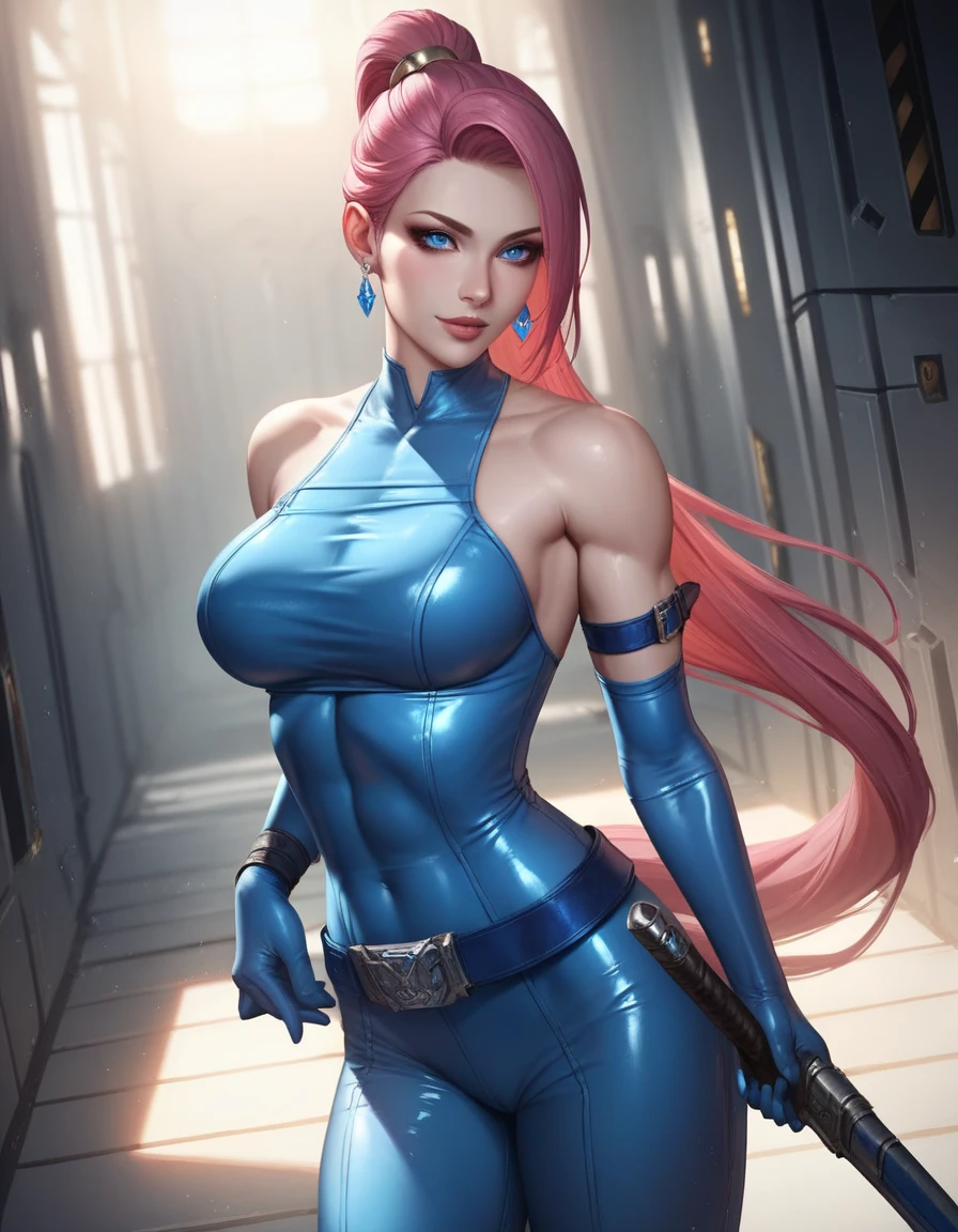 (best quality:1.6), (masterpiece:1.2), (intricate detailed:1.1), highres, a woman wearing a blue outfit and pink top, a model with styled hair, an athletic woman, a woman with tattoos, a lady in a warrior-themed costume, a fanart of a beloved character, a depiction of a determined woman, a portrayal of a confident individual, a character inspired by a fighting game, a detailed depiction of a strong woman, a full-body representation capturing someone's essence.