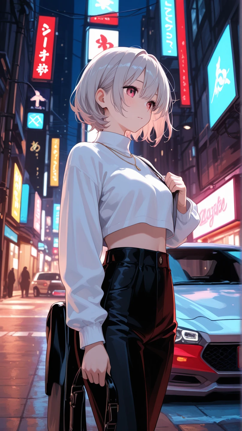 masterpiece, best quality, nsfw, 1girl, platinum blonde hair, short hair, green eyes, braids, small perky breasts, on the street, night, neon light, white t-shirt, braless, black pants, poker face, front view, standing, in crowd,