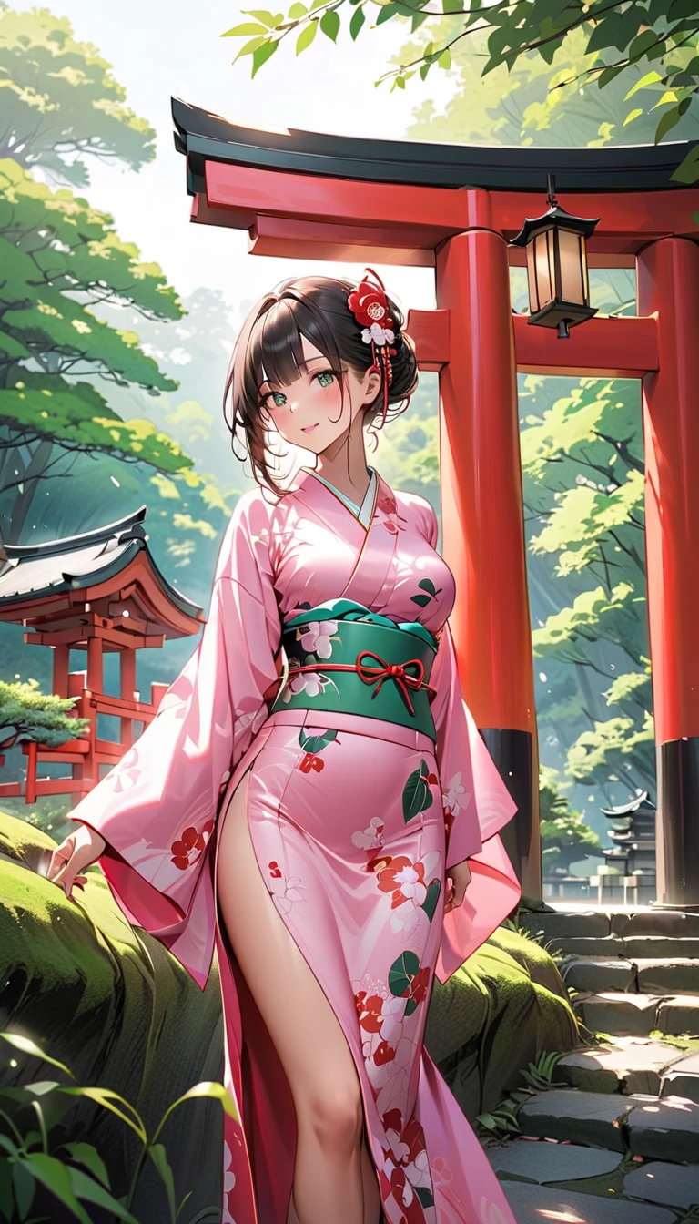work of art, (pink kimono), alluring face, good lighting, de micro bikini price, fine-details, work of art, glare eyes, 1 girl, Bblack hair, best qualityer, ass pov, all-body, Broad Hips,