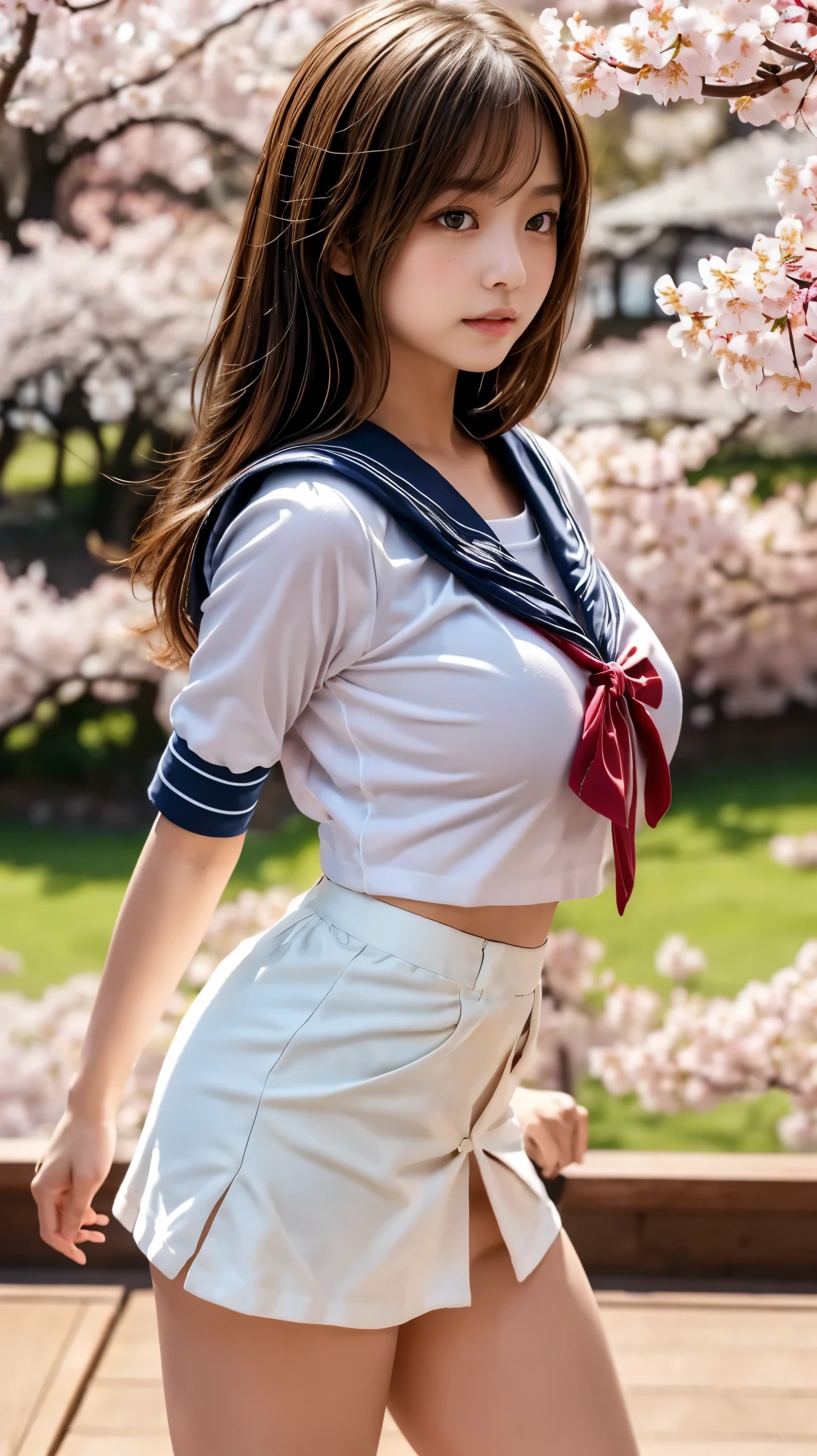 (high school girl sailor uniform:1.4),shirt,red tie,Cardigan,navy blue blazer,(Best Quality),((very detailed)),4K,(8k),masterpiece,very detailed,Best Quality, super resolution, sexy, 1 girl,1 person,152cm,(Background-Cherry Blossom Trees:1.4),very pretty face,cute type,baby face, slightly round face,glossy lips,sexy beautiful pink flower pattern,big, beautiful eyes,brown eyes,Obvious double, soft hair for cell phones,1 young and beautiful Japanese woman,Beautiful asymmetrical bangs ,small smile,(white super super short miniskirt:1.4),(The miniskirt is too short and the pants are slightly visible:1.4),(high socks),(school-designated bag),(school-designated shoes),Soft light, RAW quality,Soft leather,(GROWING SKIN,sweated: 1.4),Beautiful Legs,plump thighs, balanced figure ,Big Breasts,(teeth、expresses the roundness and softness of the chest.....1),sexy,beautiful body line,(女Sexualな体型), perfect figure),Sexual,spread legs,(provocative dynamic poses in the stadium),skirt flip,viewers need attention,(beautiful pussy line in PU Japanese garden:1.3)