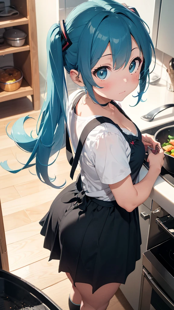 (8K, Raw photography, top-quality, masterpiece:1.2), 1girl in, 3 d,A dark-haired、The long-haired、poneyTail、posterior view、pinafore、Camisole、a miniskirt、Asian, Home Kitchen、frying hands、pans、In the middle of the meal、(natta:1.2)、A smile、