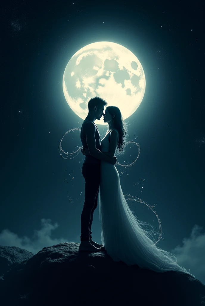 masterpiece, Highest image quality, photo realistic, Raw photo, full body photo, (night, giant Moon in the sky :1.4, in ancient japan , young man and beautiful woman, man talk to woman under the giant rock, man and woman facing each other, man hands touch the giant rock across woman shoulder, man's hand on woman shoulder, bare body, thin and light top, whispered words, open eyes), many giant meteor strike on the ground, flying hair,