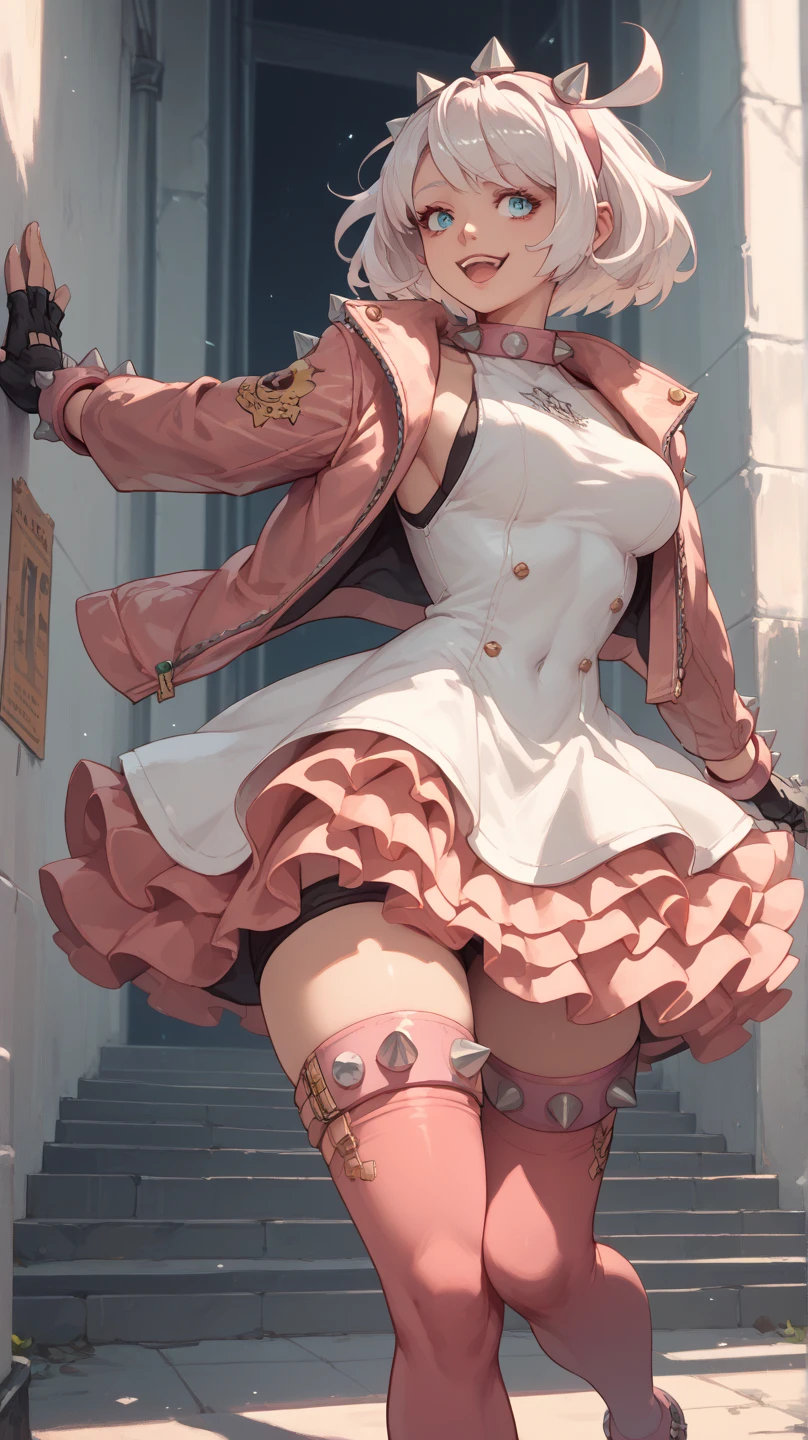 (High waist skirt, sexy dress), (solo), lycoris recoil, (1 cute girl), sexy, 25 years old, drooping eyes, (masterpiece:1.2), (best quality:1.2), (very aesthetic:1.2), (absurdres:1.2), (detailed background),newest,ai-generated, (((Pink hair, short hair, bob cut, black eyes))), (visible nipples:0.7), (camel toe:0.3), Cute face, medium_breasts, ((Thin thighs)),Bright park, dynamic poses, Metallic Outfit,