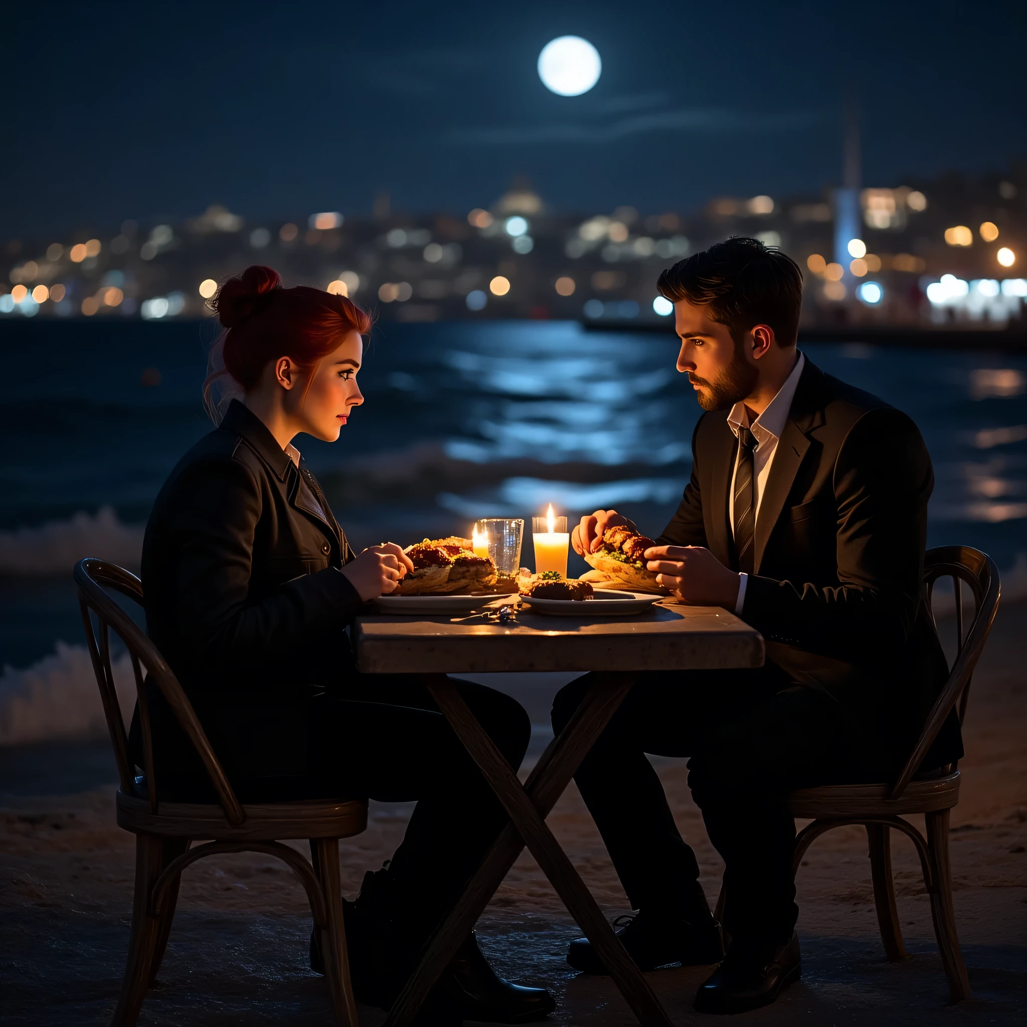 "İstanbul City Eminönü, A nighttime beach scene with a peaceful yet intimate atmosphere. A blue-eyed woman with red hair tied up in a bun sits on a shabby small table and chair, wearing a black jacket and black jeans. Beside her, a black-haired man with deep navy-blue eyes, dressed in a dark gray suit, sits on another small chair. They are casually eating köfte ekmek (Turkish meatball sandwich) under the soft glow of distant streetlights. The ocean waves shimmer under the moonlight, and a gentle breeze moves through the cool night air. The background is dark with subtle city lights in the distance, adding a serene and cinematic feel. The scene has a semi-realistic, warm, and slightly nostalgic tone."