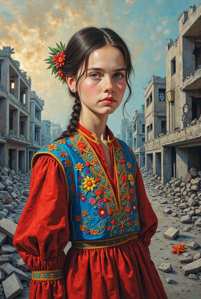 13 years old, hideous smile, creepy, olhar malicioso, gray eyes, abandoned city background with bluish tone with red, drawning, dressing, intense stare, straight hair with a braid above the shoulder.