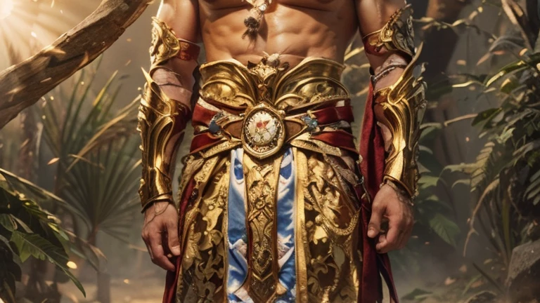 um Gladiador furioso usando um elmo dourado, barba grande, corpo extremamente grande e musculoso , holding a golden shield in his left hand and a golden spear in his right hand, Super Strength , corpo peludo , corajoso, sem camisa , peito grande e peludo, gay , sedudor