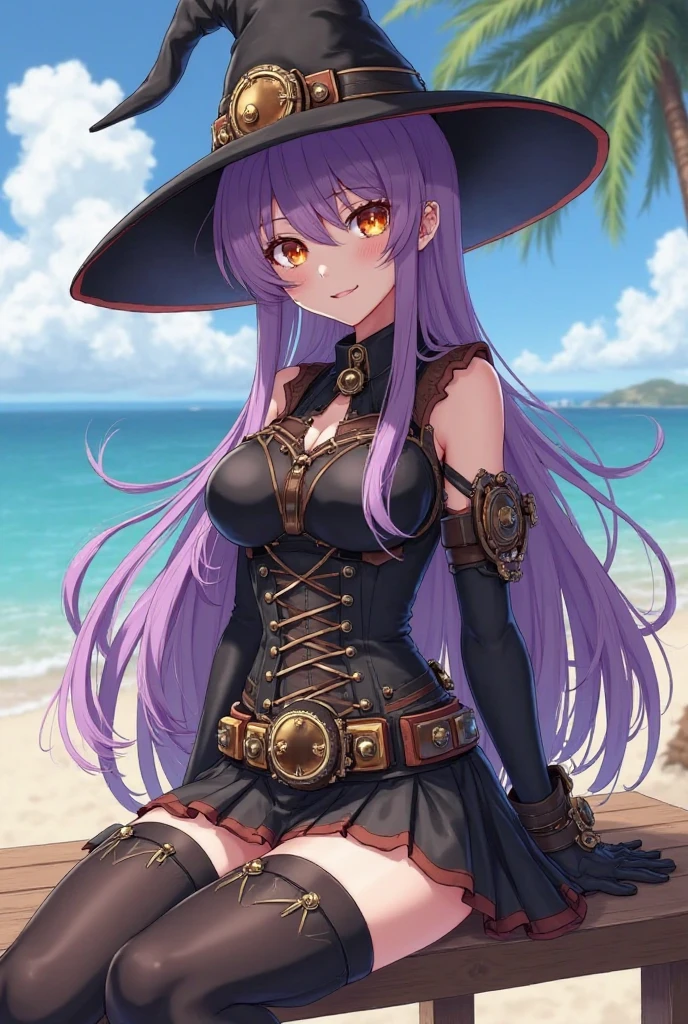 Masterpiece, best quality, expressive eyes, perfect face, 1girl, monster girl, breasts, hair over one eye, gloves, solo, scylla, large breasts, navel, long hair, looking at viewer, tentacles, hat, black gloves, suction cups, purple hair, hair over one eye, simple background, elbow gloves, white background, purple eyes, pale skin, very long hair, smile, bare shoulders, pirate suit, shorts, thigh_belt, bandages, shoulder belt, chest sarashi,