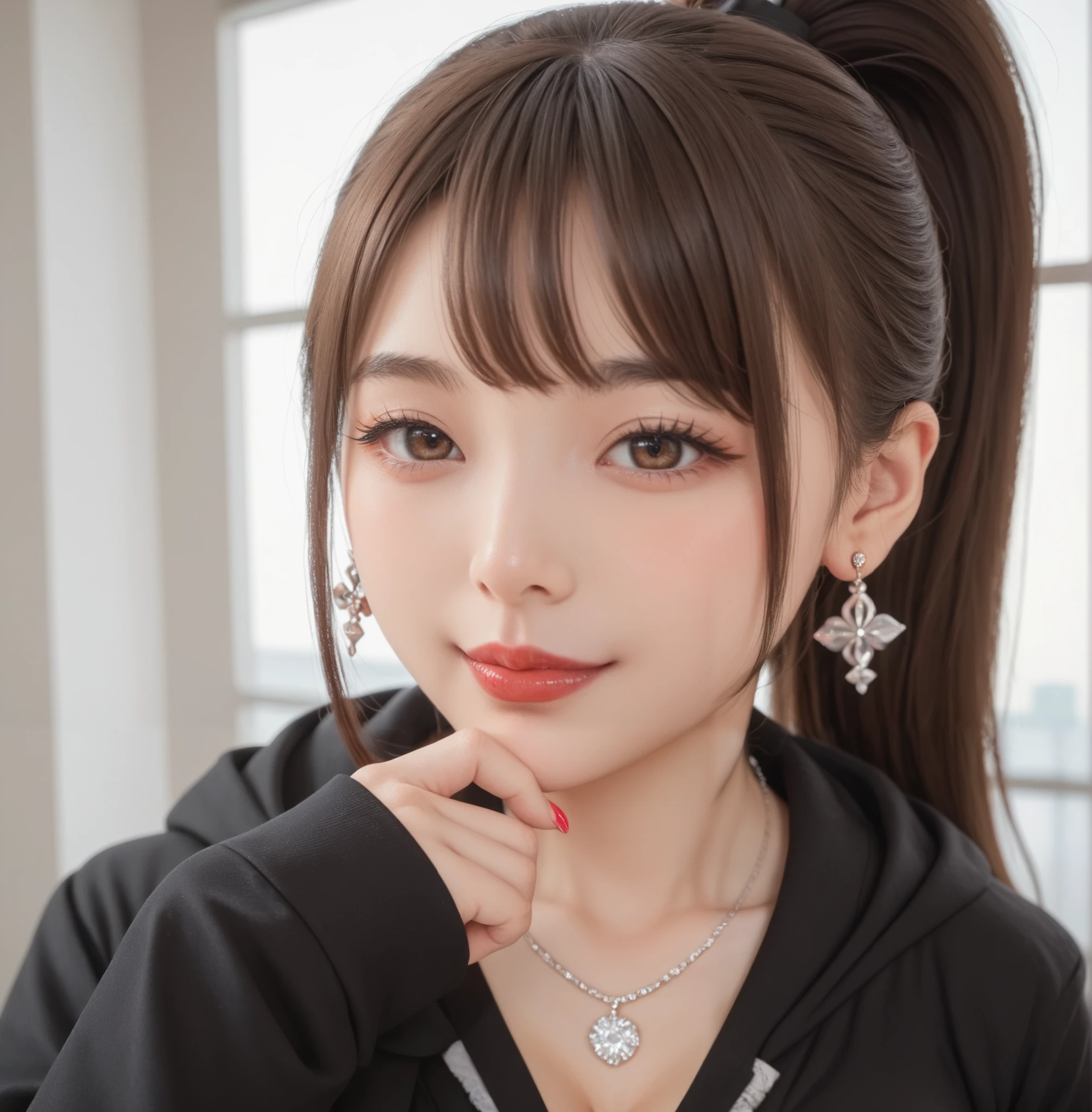 high quality DVD,realistic,Detailed skin texture,Beautiful Japanese 18 year old woman,A pretty expression,seductive smile，virtual YouTuber,4K,fantasy,portrait,details,real,Professional,vivid,Bokeh,studio lighting,extreme detail,photo shoot,high dynamic range　front ponytail　（brown hair 1:2）brown eyes　Big cute eyes　Young face　high nose　 small mouth　long eyelashes　double eyelids　model figure　black ribbon　earrings，necklace　Natural Makeup　red lipstick，Big Breasts 1:2，stares at the audience　Full body　（loose and oversized black hoodie）　white blouse　plaid mini skirt　 Open Your Chest　kiss pose　 colorful nail polish 　stares at the audience　slouches　Sexy gestures