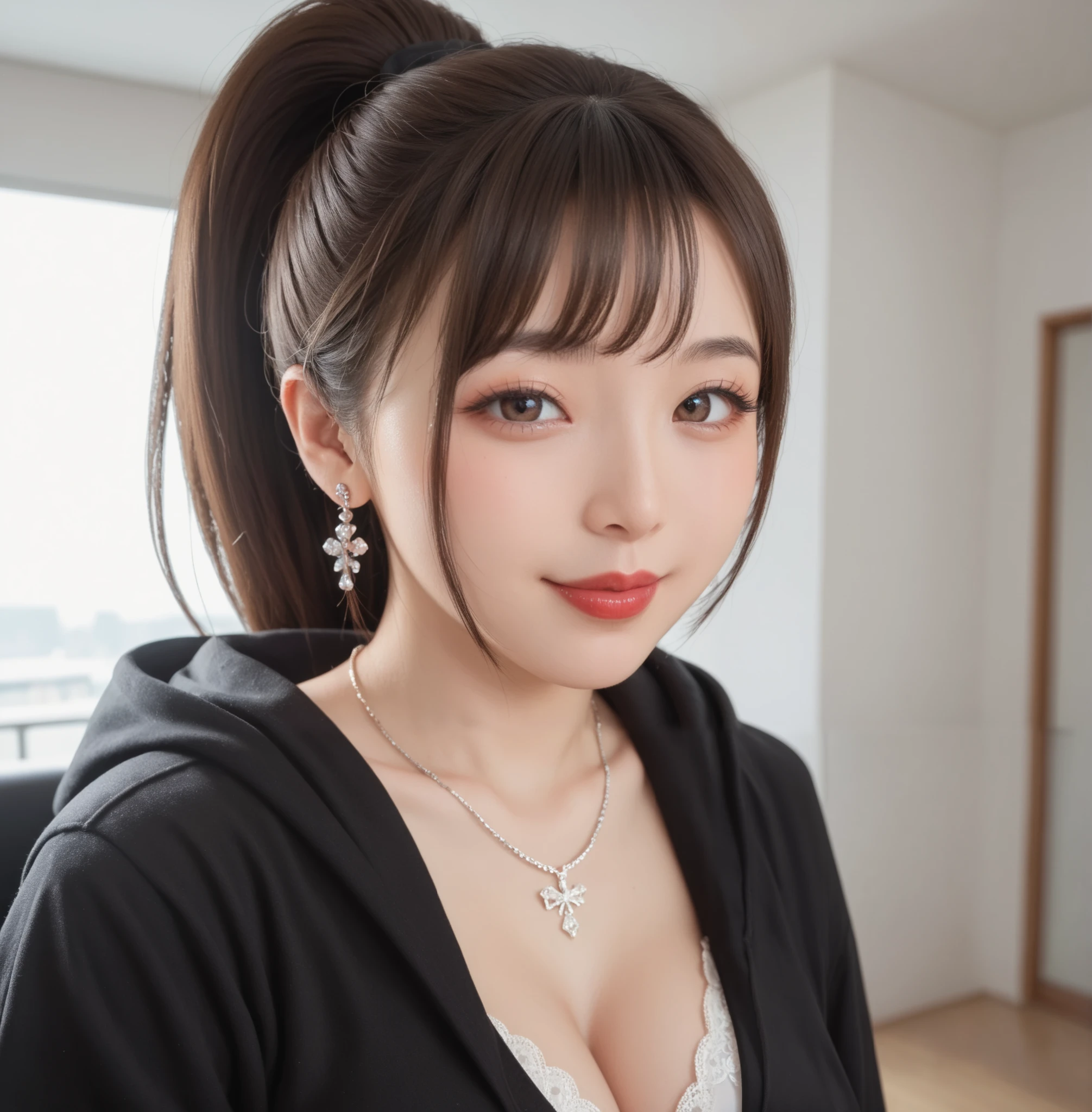 high quality DVD,realistic,Detailed skin texture,Beautiful Japanese 18 year old woman,A pretty expression,seductive smile,virtual YouTuber,4K,fantasy,portrait,details,real,Professional,vivid,Bokeh,studio lighting,extreme detail,photo shoot,high dynamic range front ponytail (brown hair 1:2)brown eyes Big cute eyes Young face high nose small mouth long eyelashes double eyelids model figure black ribbon earrings,necklace Natural Makeup red lipstick,Big Breasts 1:2,stares at the audience Full body (loose and oversized black hoodie) white blouse plaid mini skirt Open Your Chest kiss pose colorful nail polish stares at the audience slouches Sexy gestures