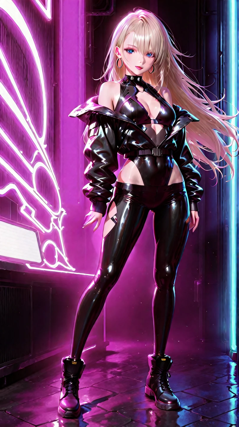 a picture of an mecha angel wearing black leather jacket, ((full body: 1.5)), exotic beautiful angel ((anatomically correct: 1.5), (ultra detailed face: 1.2), best detailed face, busty, folded wings, white angel wings, (white mecha armor: 1.3), she is wearing ((black leather jacket: 1.5)), intricate leather jacket, loose leather jacket, glam leather jacket, jacket has metallic studs, wearing silk dress, (dynamic color dress)), wearing thigh high heeled boots, cyberpunk church background, , vibrant, Hyperrealism style, vibrant, Ultra-high resolution, High Contrast, (masterpiece:1.5), highest quality, Best aesthetics), best details, best quality, highres, ultra wide angle, 16k, [ultra detailed], masterpiece, best quality, (extremely detailed) RAW, feathered wings, Hyperrealism style