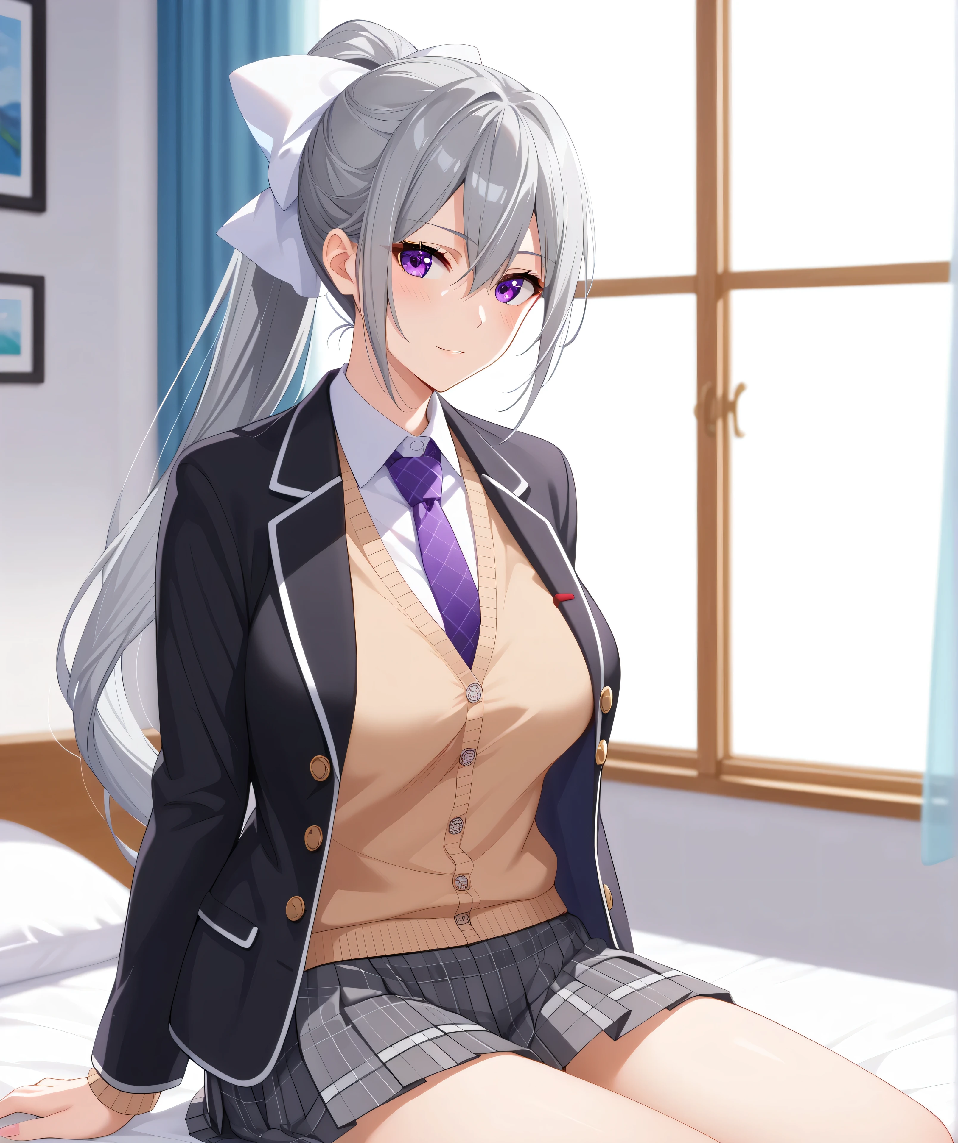 1woman,best quality,ultra-detailed,high resolution,extremely detailed CG,unity 8k wallpaper,score_9, score_8_up, score_7_up, source_anime,hk1, purple eyes, grey hair, hair between eyes, long hair,ponytail, bow, white bow,shirt, cardigan, jacket, black jacket, blazer, skirt, grey skirt, plaid skirt, nsfw,mature female,professional quality、bed room、medium breasts、pleated skirt、tsurime,Official Art,crotch seam、necktie, purple necktie,