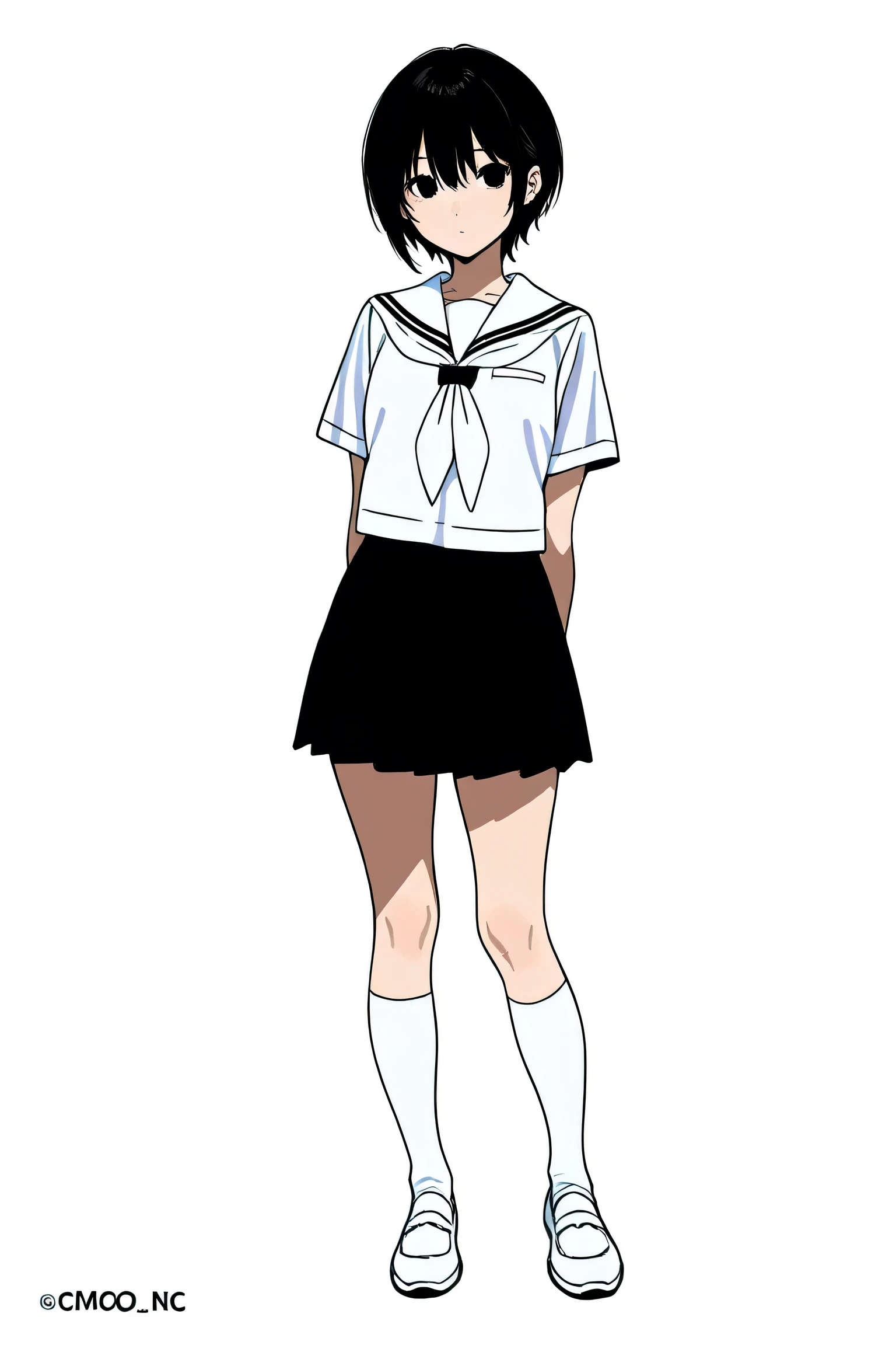Women　high school student　black hair　 black eyes　anime　full body　seen from afar　background white　white background　uniform