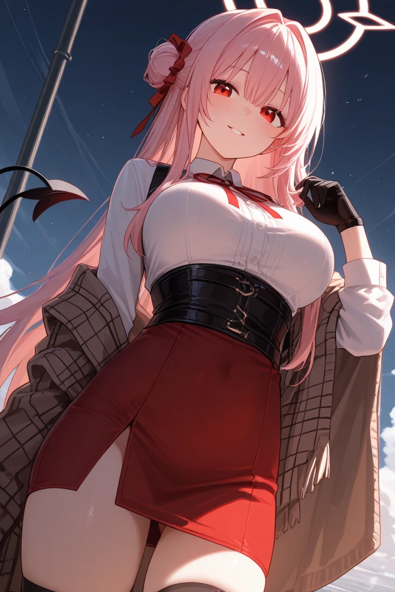 masterpiece, top-quality, hight resolution, nn1, 1girl in, Hair Ribbon, shorth hair, doress, skirt by the, cowboy shot, is standing, plein air,background snow city、Pink hair、Jino Nakano、butterfly hair ornament、very large udder、Santa Cosplay