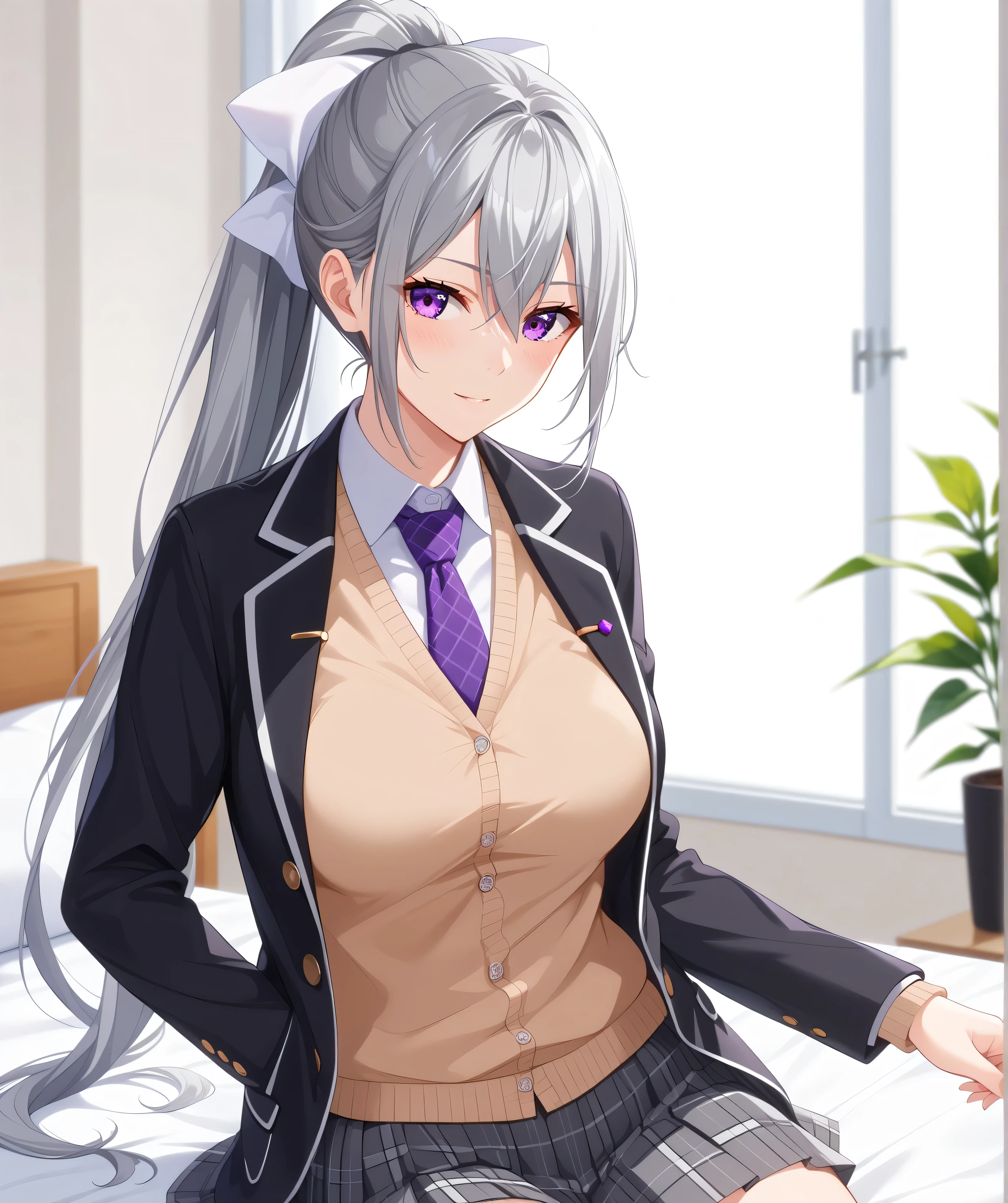 1woman,best quality,ultra-detailed,high resolution,extremely detailed CG,unity 8k wallpaper,score_9, score_8_up, score_7_up, source_anime,hk1, purple eyes, grey hair, hair between eyes, long hair,ponytail, bow, white bow,shirt, cardigan, jacket, black jacket, blazer, skirt, grey skirt, plaid skirt, nsfw,mature female,professional quality、bed room、medium breasts、pleated skirt、tsurime,Official Art,crotch seam、necktie, purple necktie,