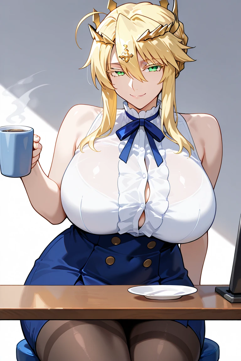 score_9, score_8_up, score_7_up, score_6_up, score_5_up, score_4_up, (solo), female anthro hyena, secretary clothes, skirt, lusty, fluffy body, long blond hair, turquoise eyes, (thick thighs:1.5)((( offering the breasts))) sex partial clothes, (((cleavage))) semi-butonned uniform niform, (barely_visible_booba) (she is standing) , giant breasts, garter belt tights