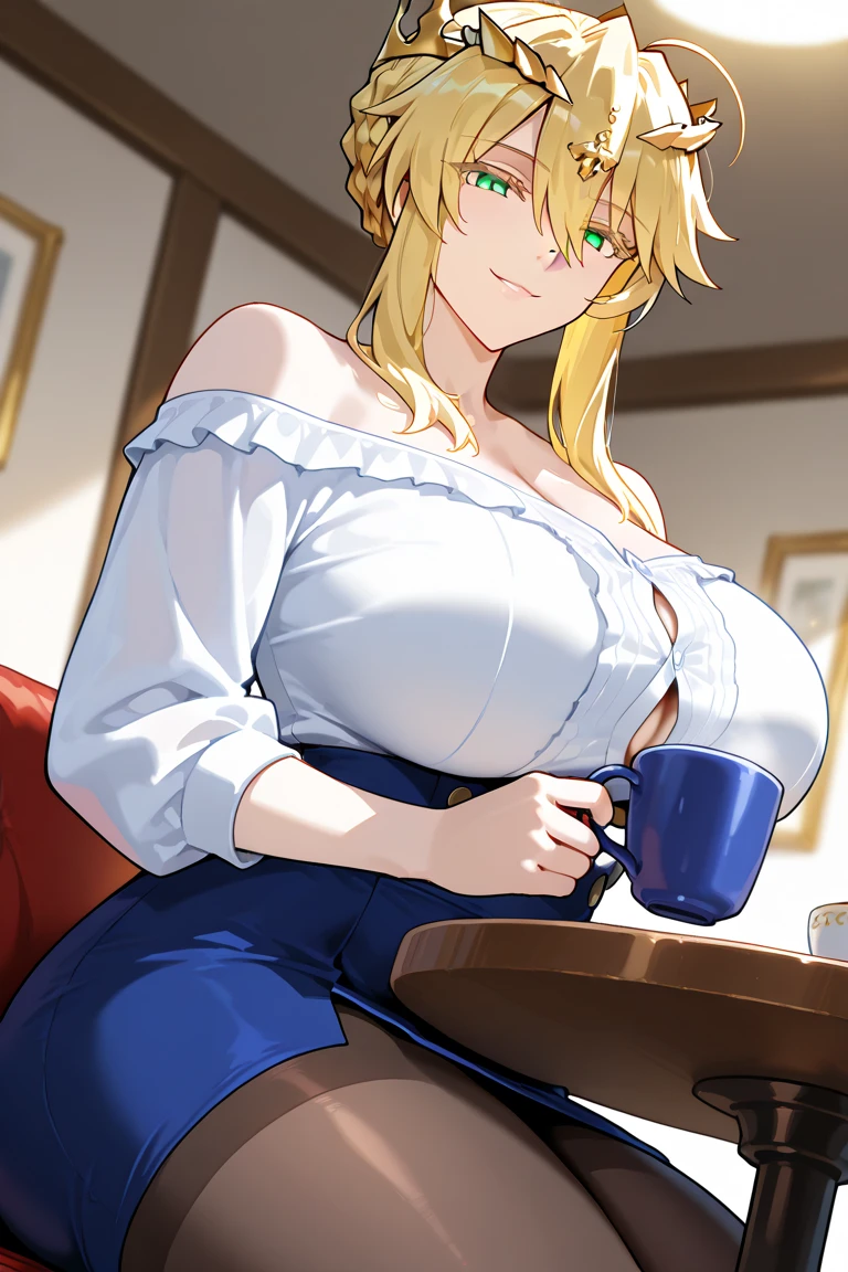 a mature woman with big round pump breasts,deep cleavage,thick thighs,fleshy thighs,long legs,holding a banana。the golden-haired housewife now sitting at her dining table. The room is filled with the comforting aromas of a freshly prepared meal. The table is set with fine china and silverware, each piece reflecting the soft light of the setting sun that filters through the window panes. A large, rustic wooden table is the centerpiece of the dining area, its surface polished by years of family gatherings and shared meals.
She sits with an air of casual elegance, her golden curls framing her face as she rests her elbows lightly on the smooth surface of the table. Perhaps there's a half-empty cup of tea before her, steam gently rising and curling into the air. The cream-stained apron has been discarded, revealing an outfit that suggests comfort blended with style. Her smile is warm and inviting, her eyes sparkling with a hint of mischief, ready to engage in lively conversation or share stories of the day.
The atmosphere around her is one of tranquility and joy, a sanctuary created by her loving hands, where the cares of the world seem to melt away. It's a place where family and friends gather, where memories are made, and where the simple pleasures of life are celebrated.